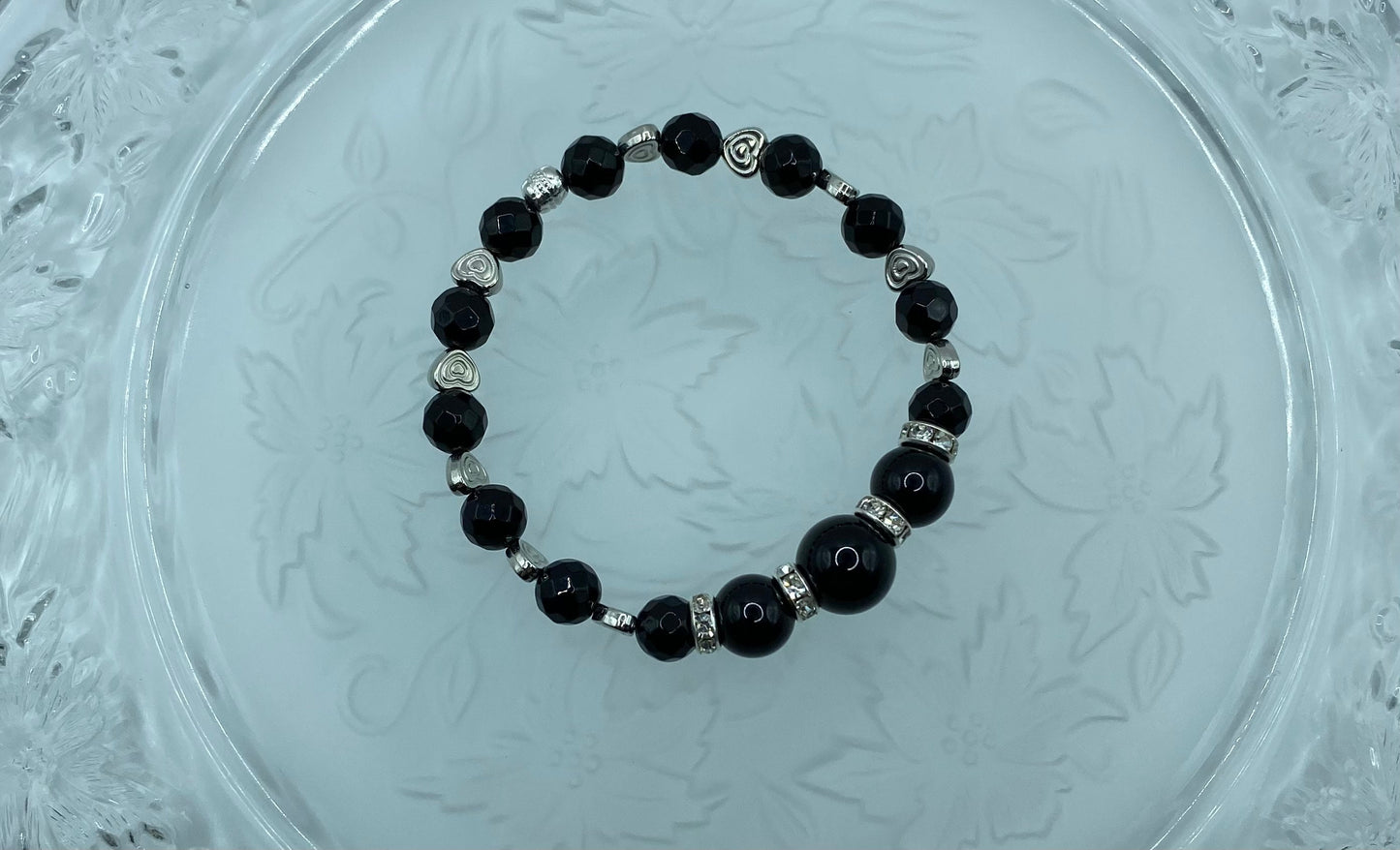 Black Onyx Bracelet: White Gold Heart Charm, Rhinestone Rondelles