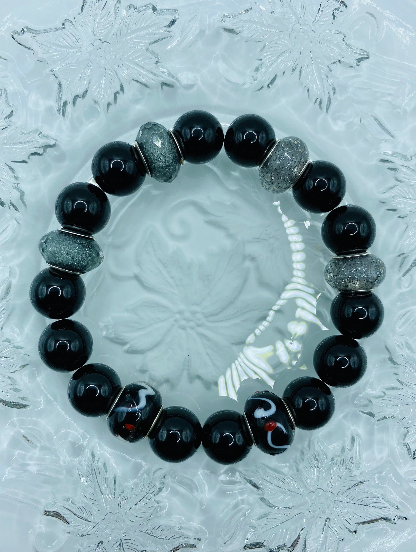 Black Onyx Bracelet: Murano Glass Beads, Chunky Gemstone Jewelry