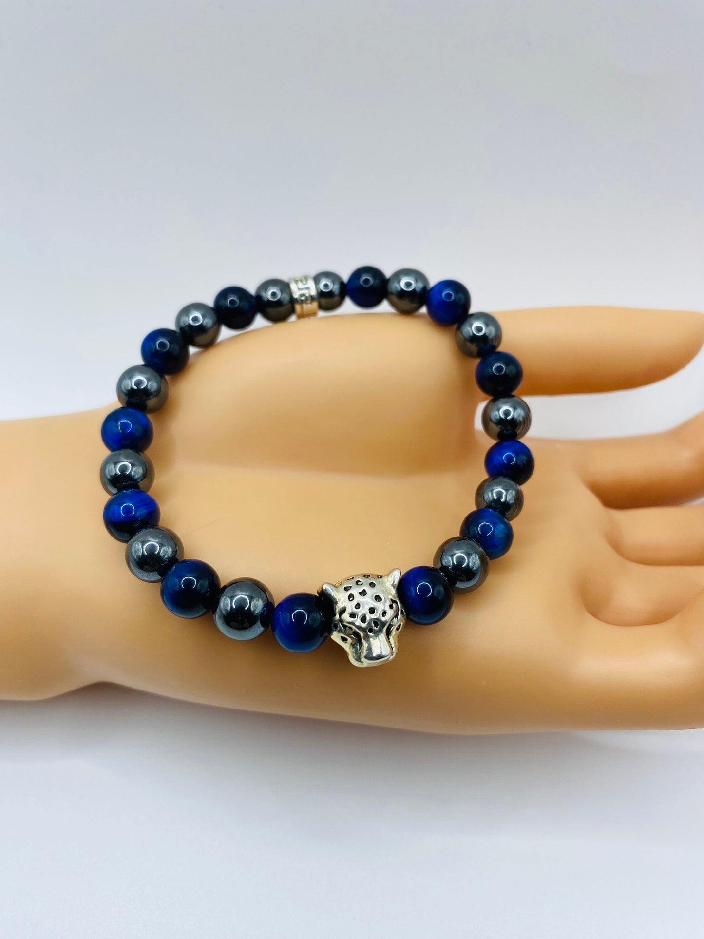 Tigers Eye & Hematite Bracelet with Silver Leopard Charm