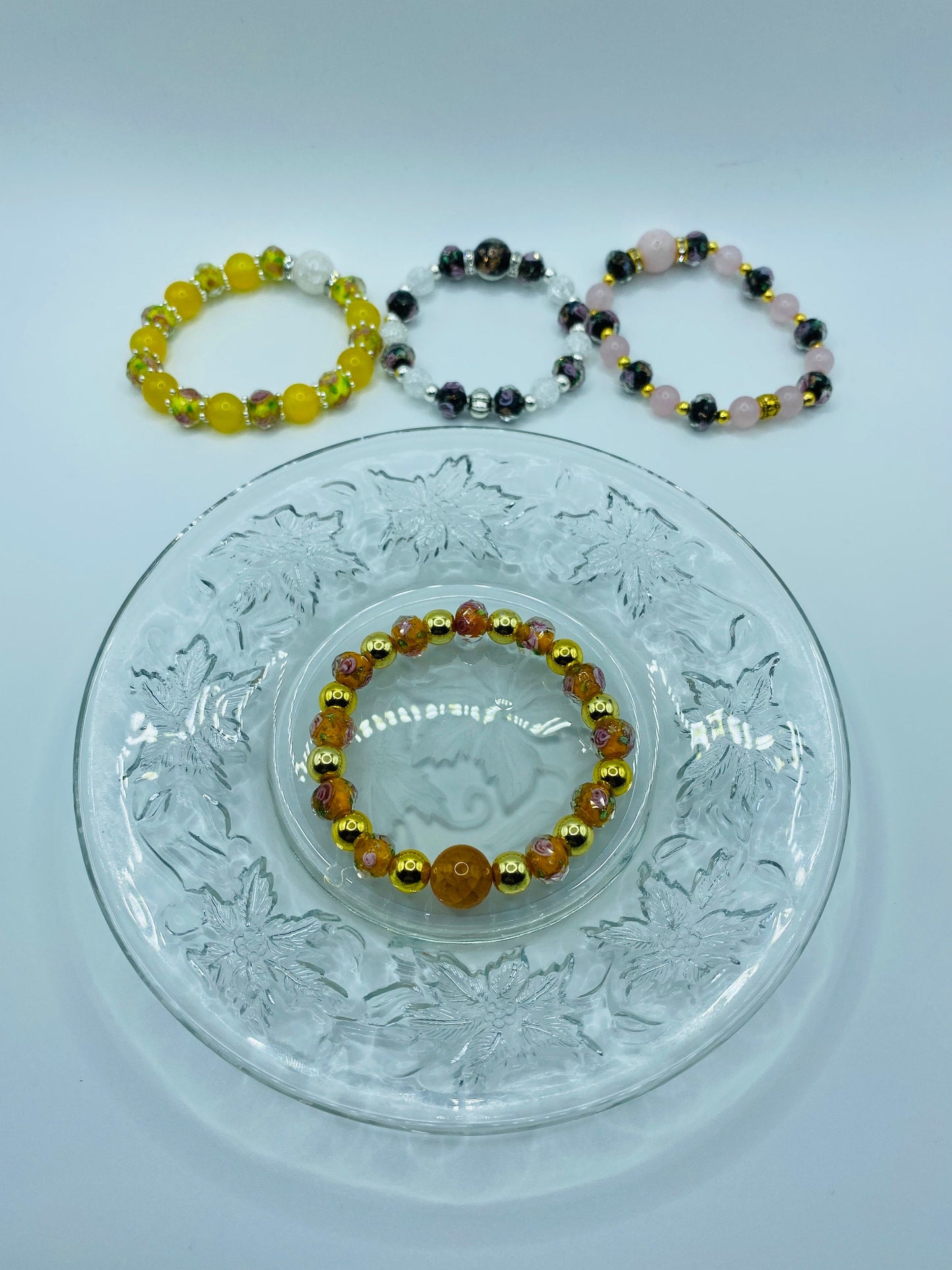 Handmade Fire Agate Bracelet: 18K Gold Hematite & Lampwork Floral Beads