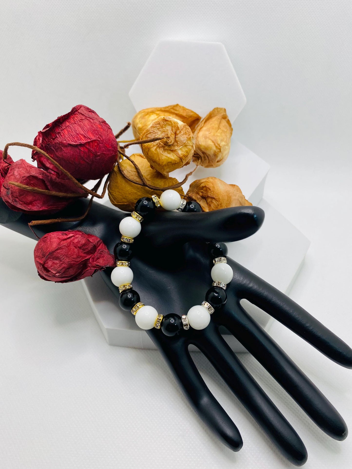 Onyx Gemstone Beaded Bracelet: Black & White Handmade Jewelry