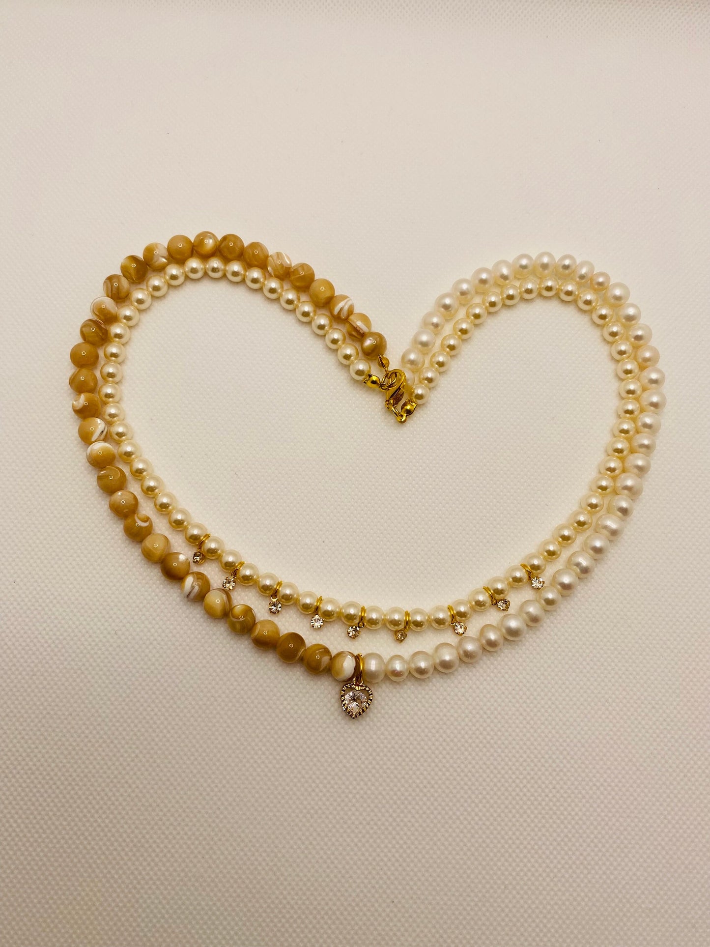 Handmade Mother of Pearl Necklace: Freshwater Pearl & CZ Heart Charm