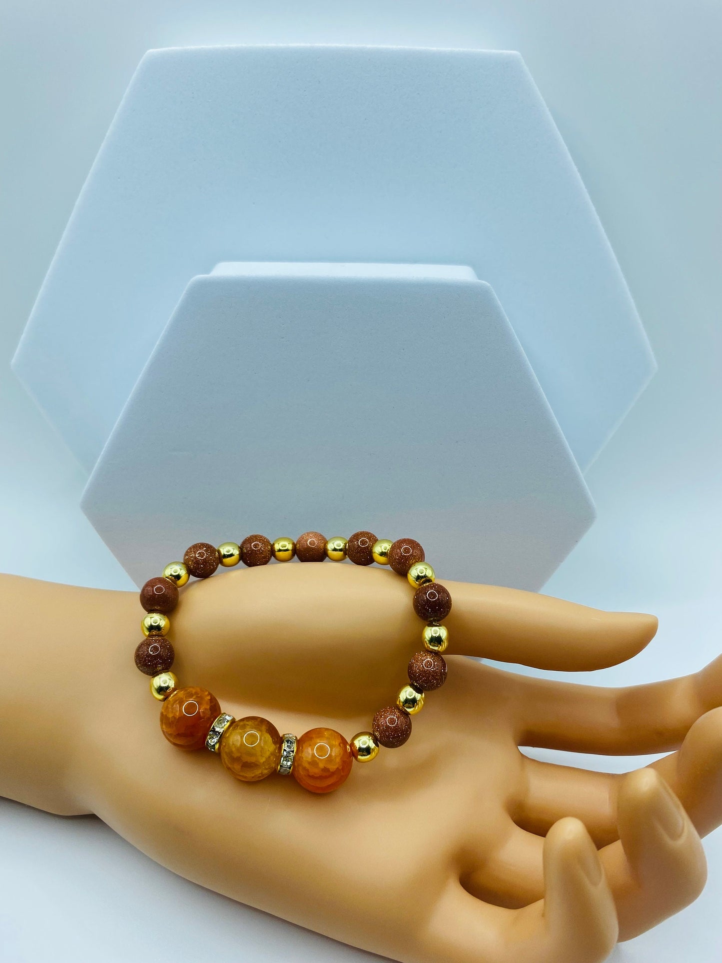 Handmade Orange Jade Bracelet: Goldstone & Gold-Plated Hematite Beads