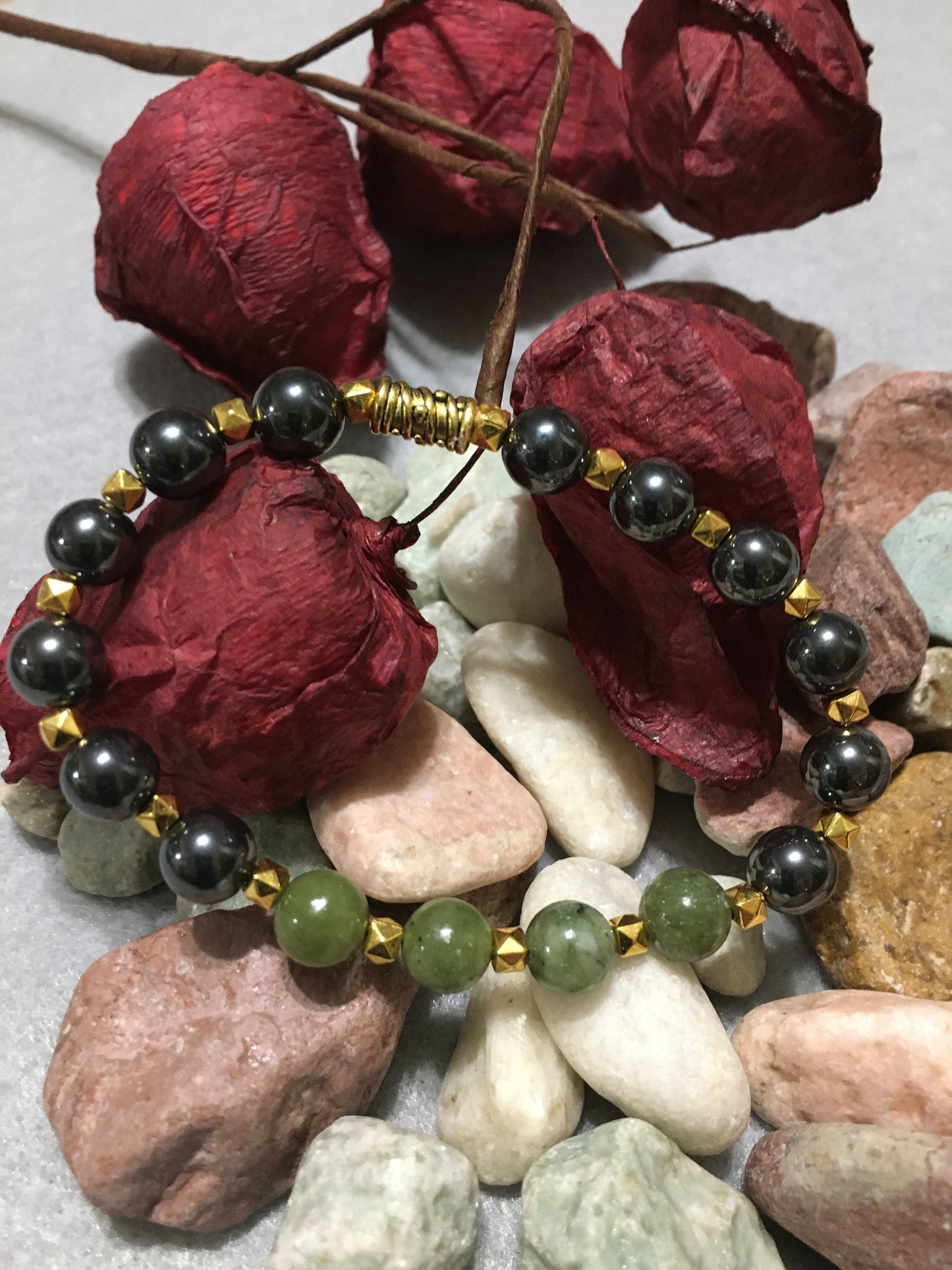 Handmade Jade & Hematite Bracelet: 18k Gold Plated Accents