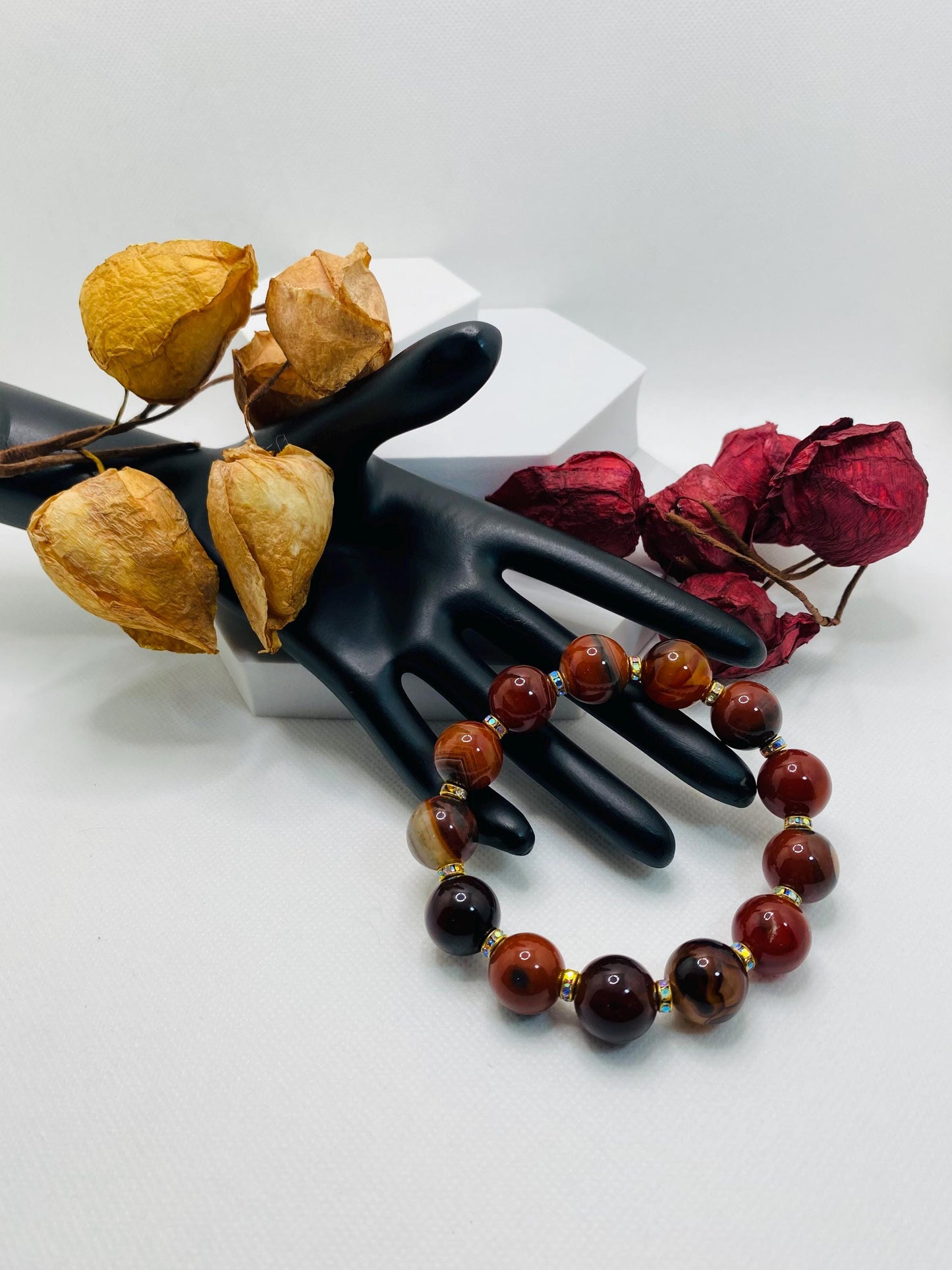 Chunky Dream Agate Bracelet: Rhinestone Rondelle Spacers, Handmade Jewelry