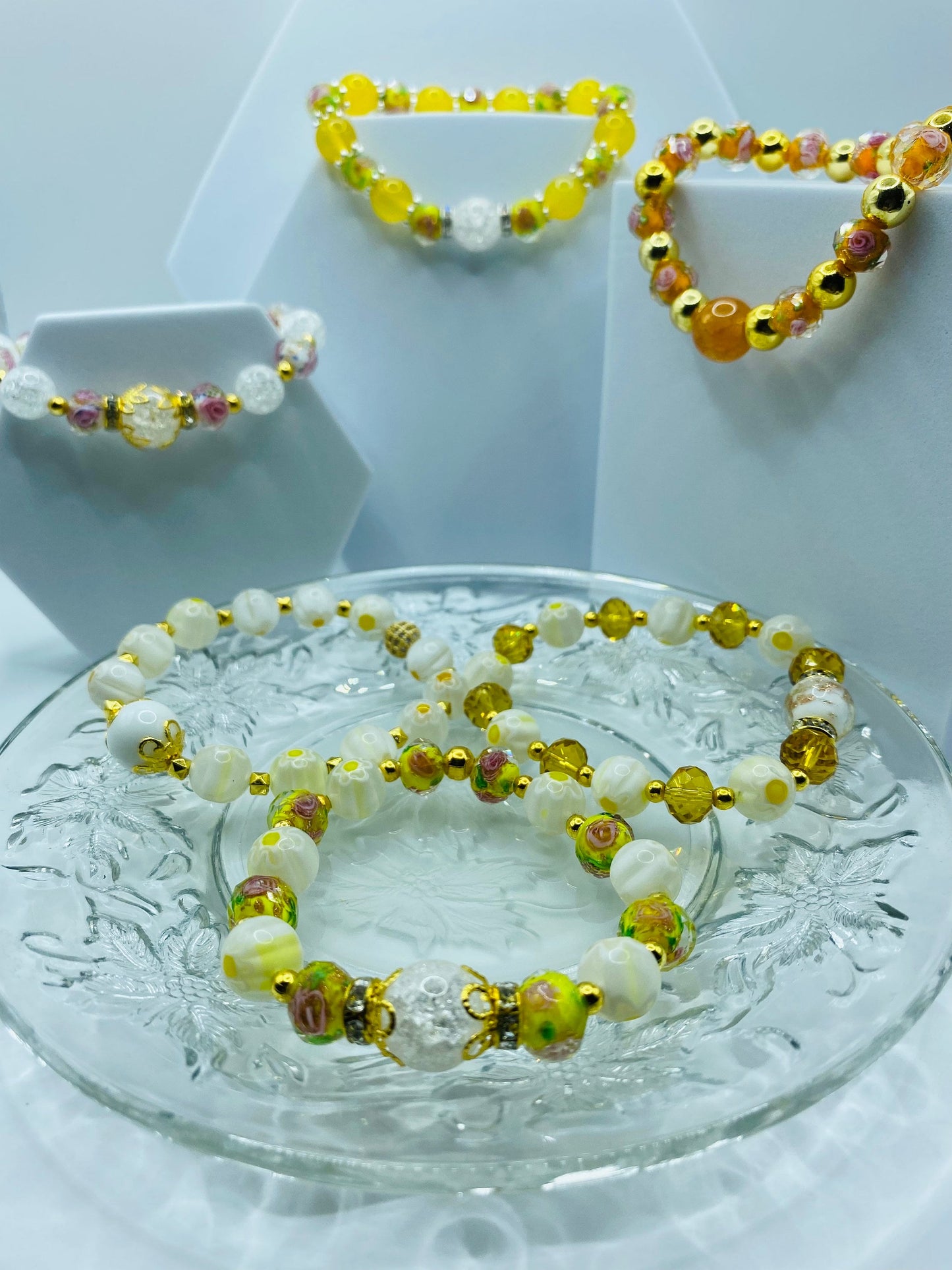 Lampwork Glass Bead Bracelet: Boho Floral Jewelry, Gold Hematite Accent