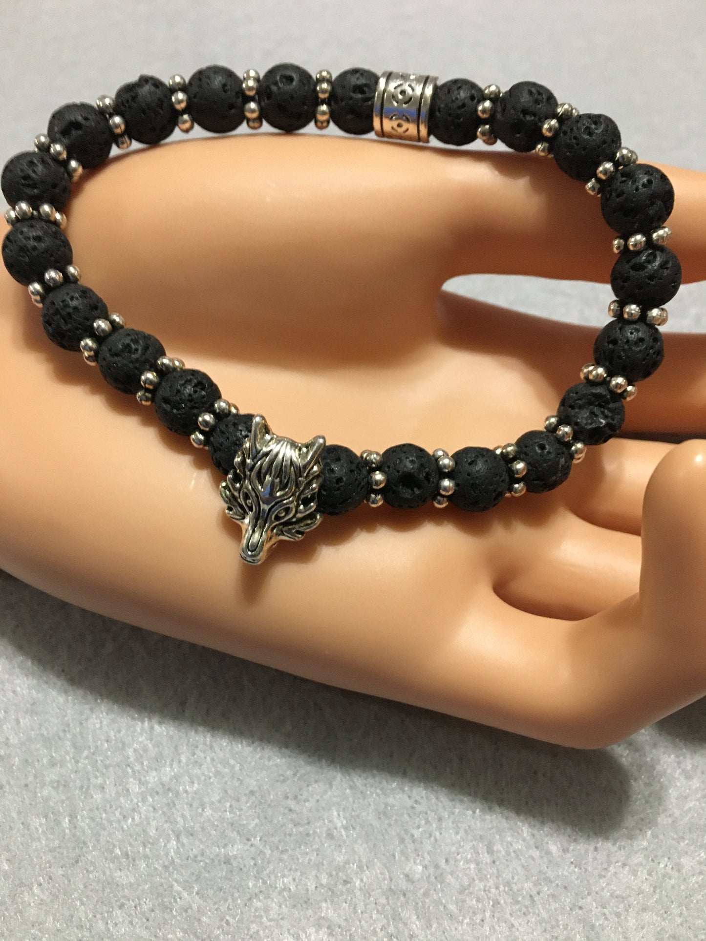 Silver Wolf Lava Rock Bracelet: Goth Men's Jewelry