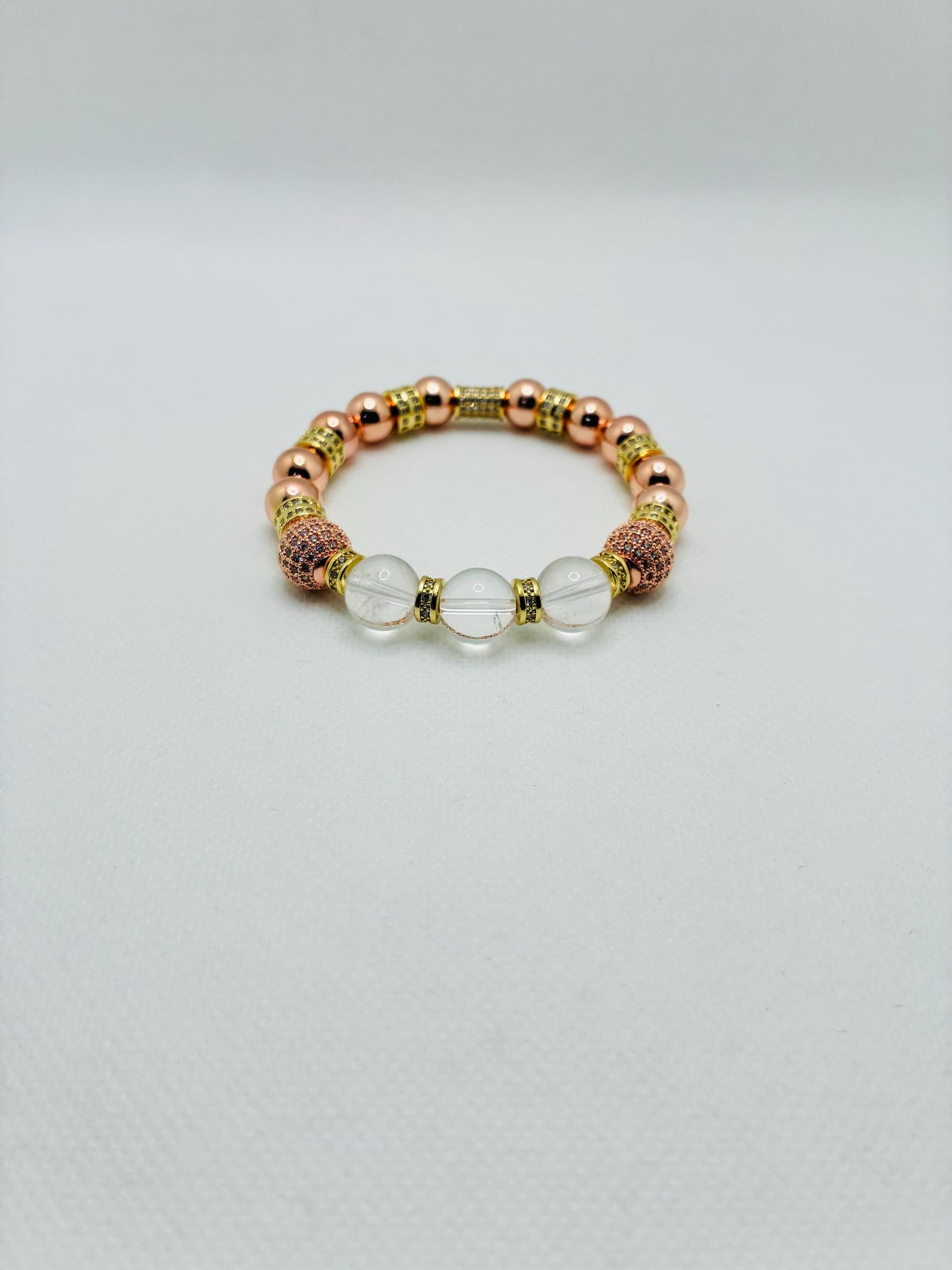 Rose Gold Plated Hematite Bracelet: Clear Quartz & Cubic Zirconia Beads
