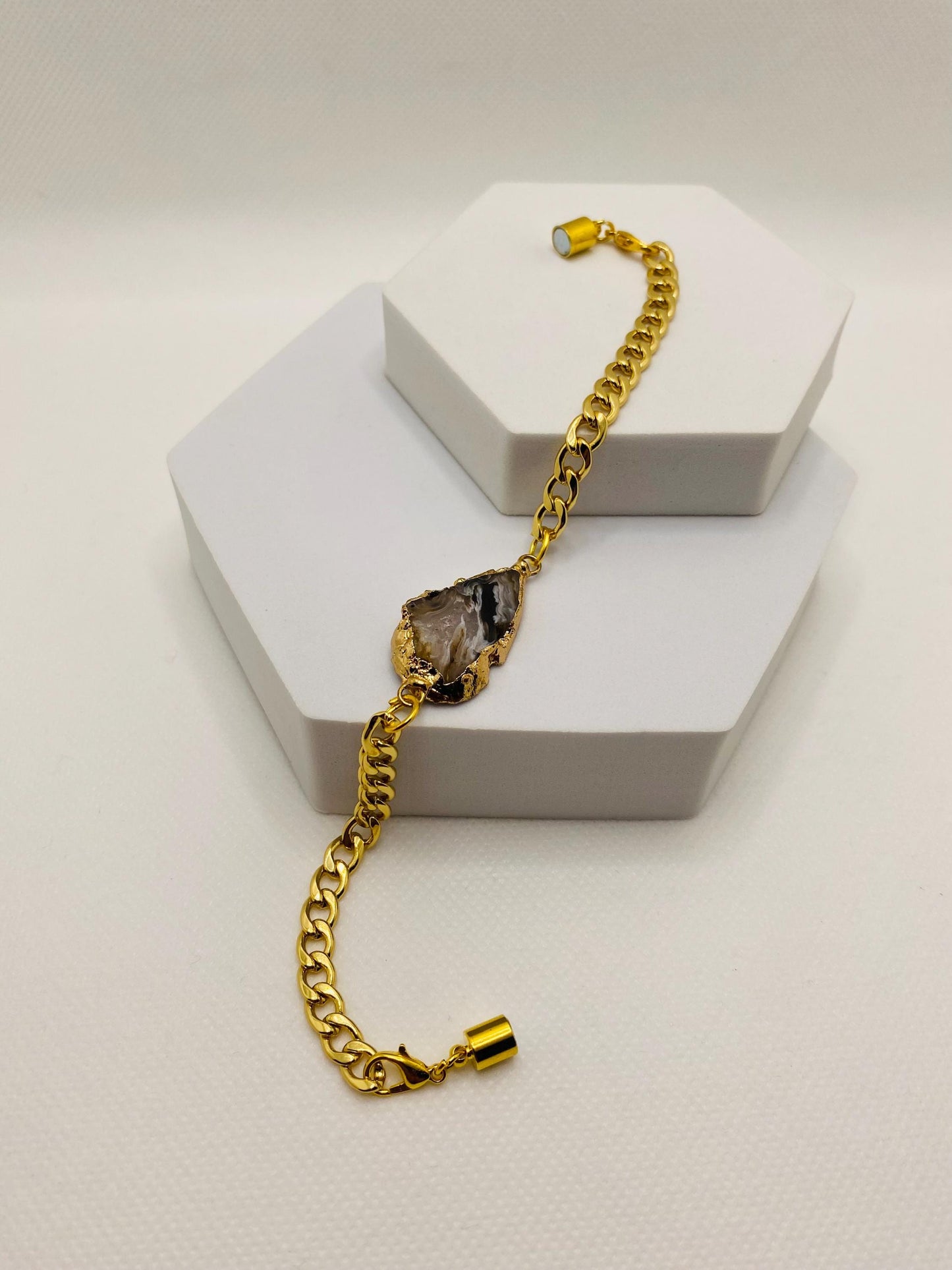 Handmade 18k Gold Plated Cuban Link Bracelet: Geode Agate, Magnetic Clasp