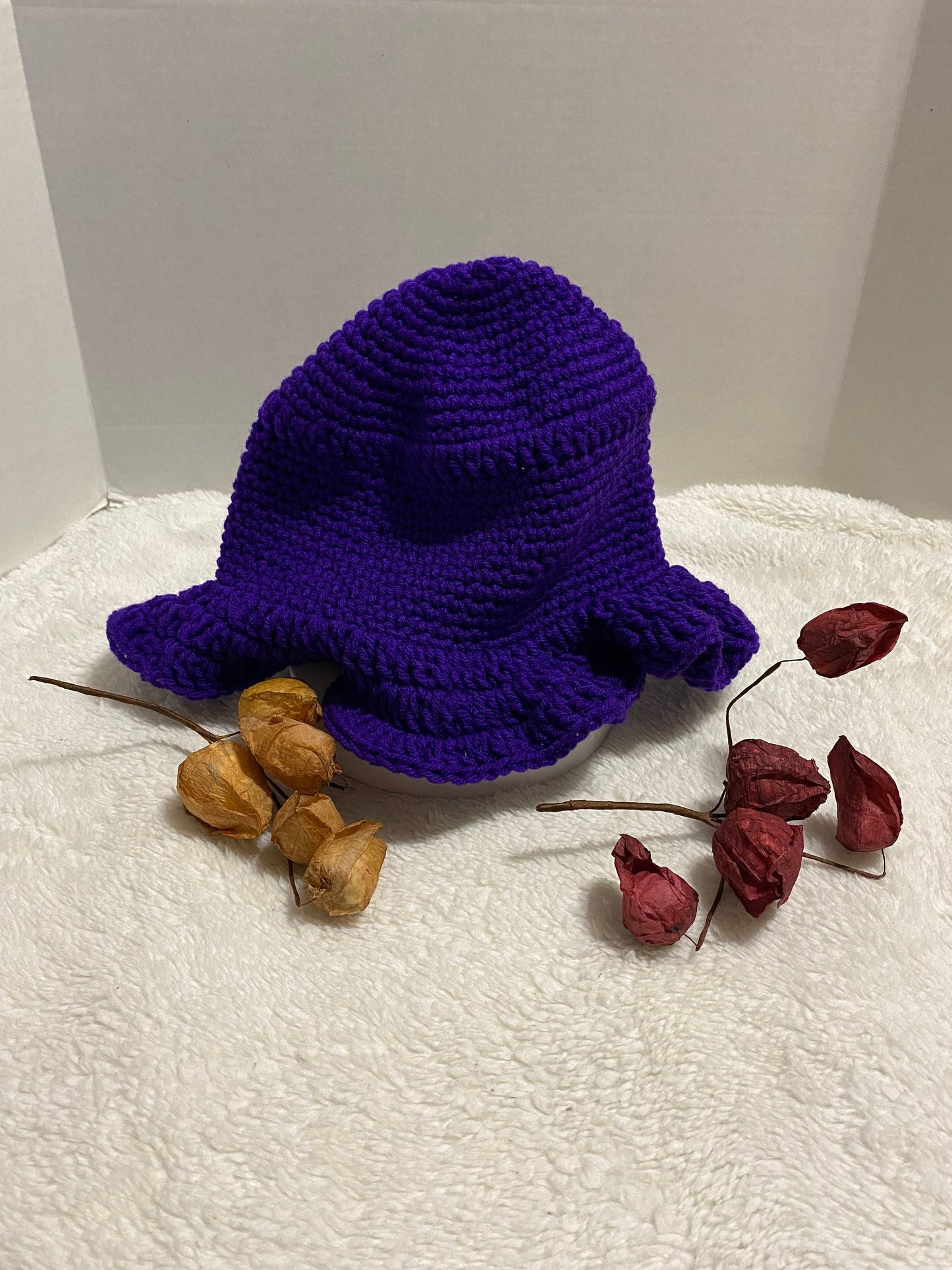 Crochet Bucket Hat with Flower: Violet Acrylic Handmade Women's Hat