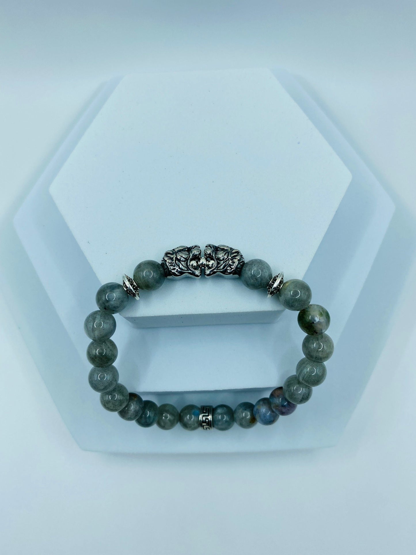 Mens Labradorite Beaded Bracelet: Stainless Steel Tiger Charm
