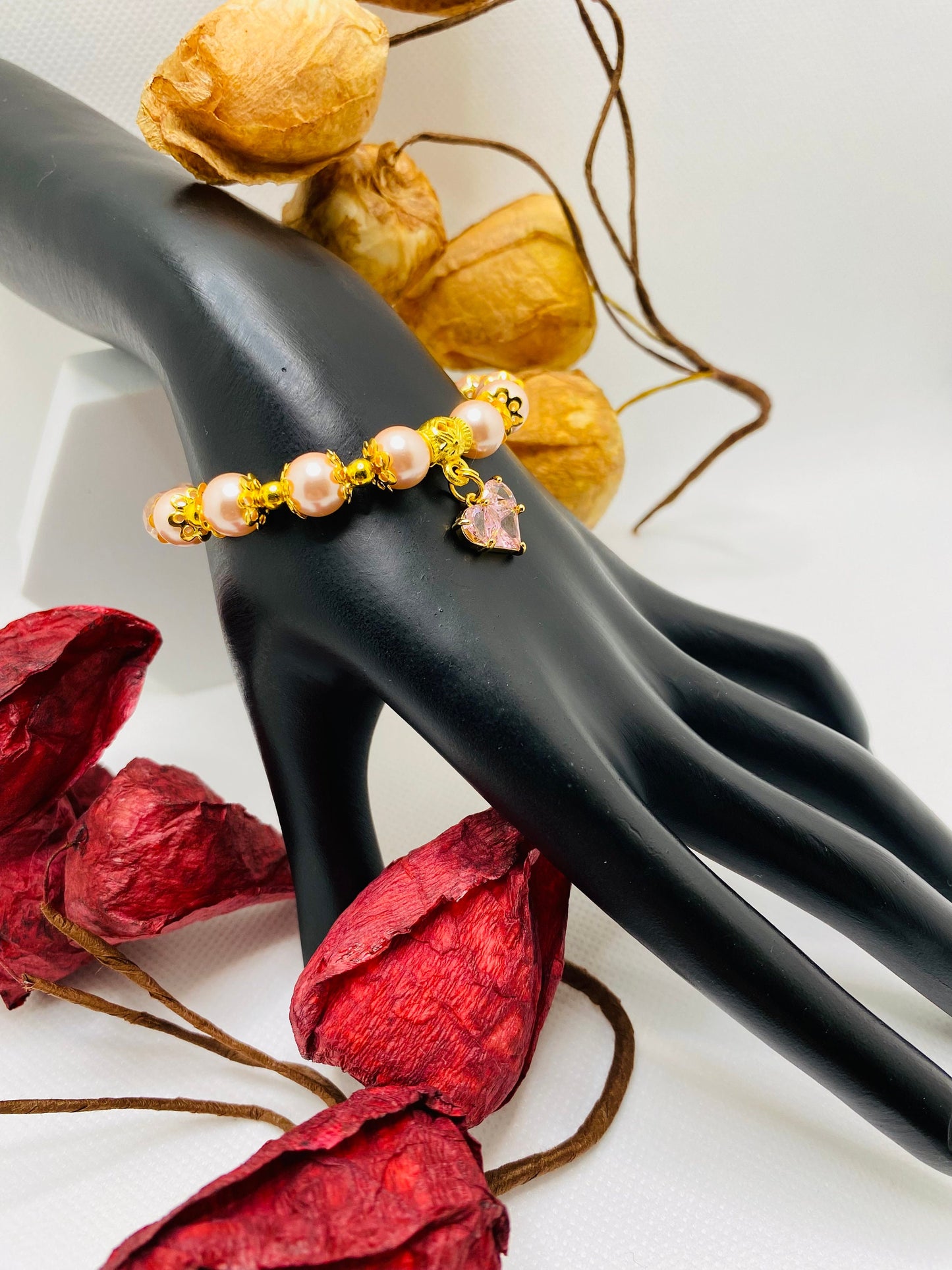 Mother of Pearl Bracelet: Pink Crystal Heart & Glass Beads, 18k Gold Accents