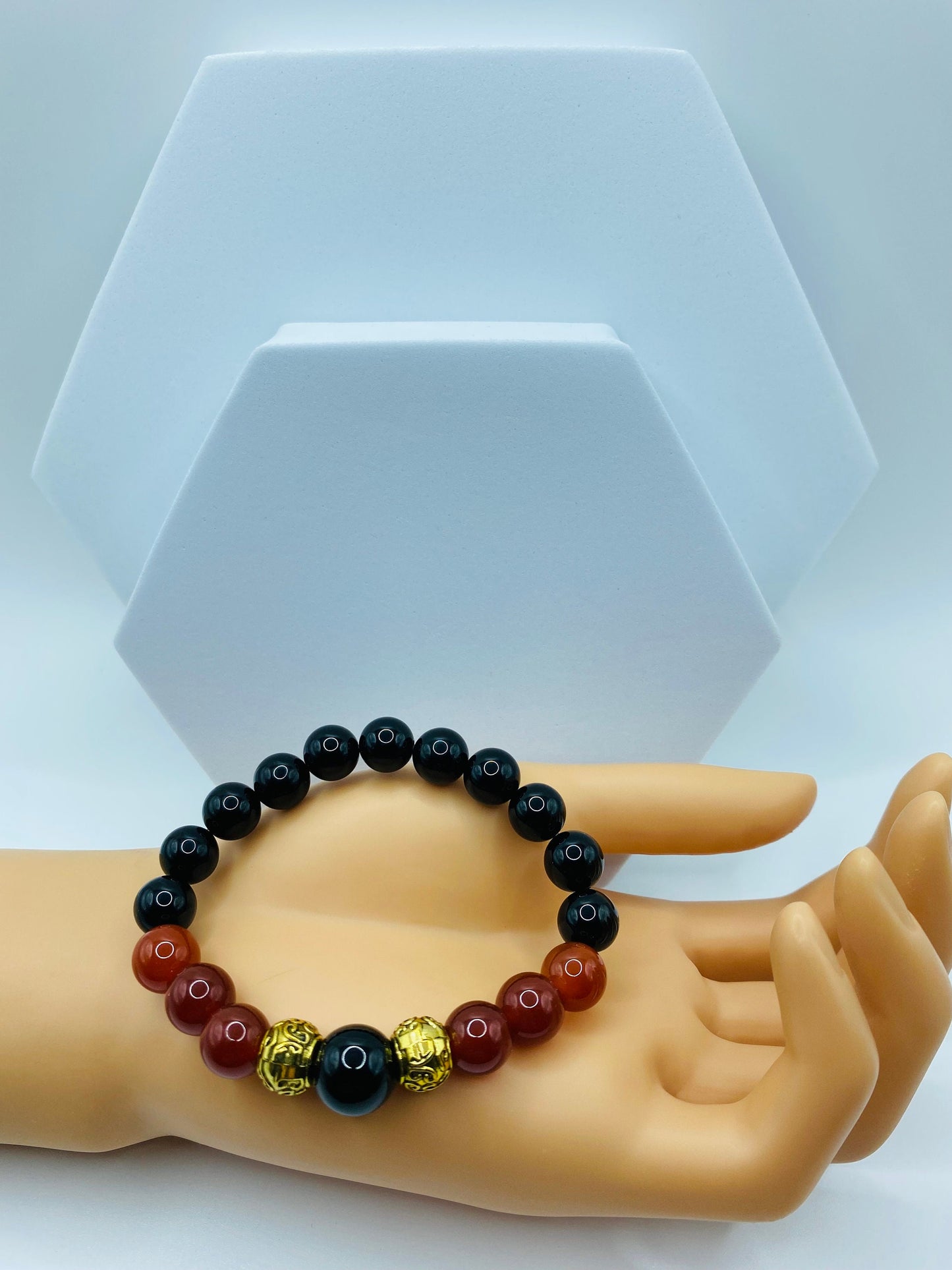 Black Onyx & Red Carnelian Beaded Bracelet - Tibetan Spacer Beads