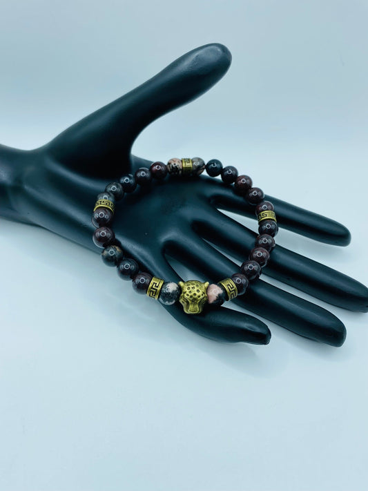 Mens Leopard Charm Bracelet: Bronzite Gemstone Beads, Tibetan Spacers