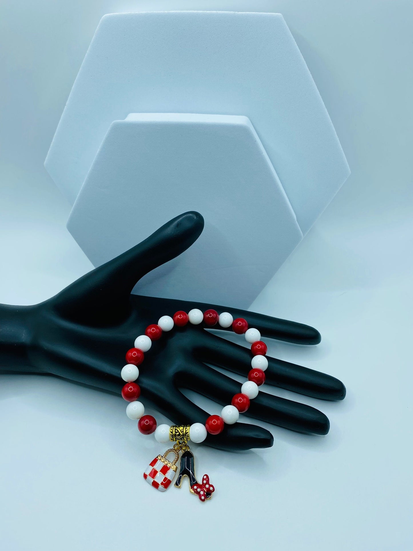 Charm Bracelets with Purse Charm & Shoe Charms - Red Coral, White Porcelain Gemstone Beads - Gifts for Her