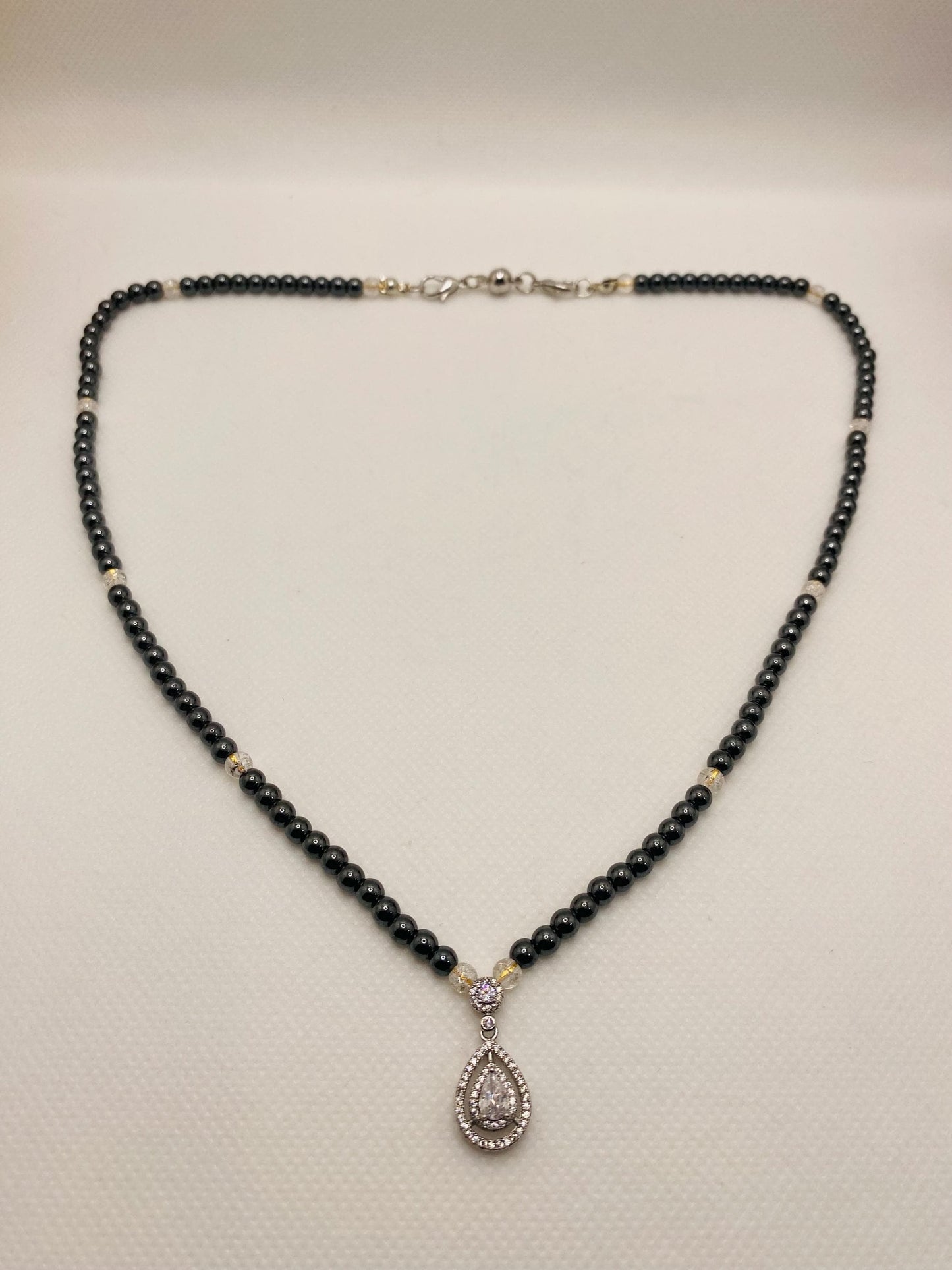 Womens Necklace Handmade Jewelry - Hematite Gemstone Beads & Zirconia Pendant, Gifts for her, Crystal Necklace
