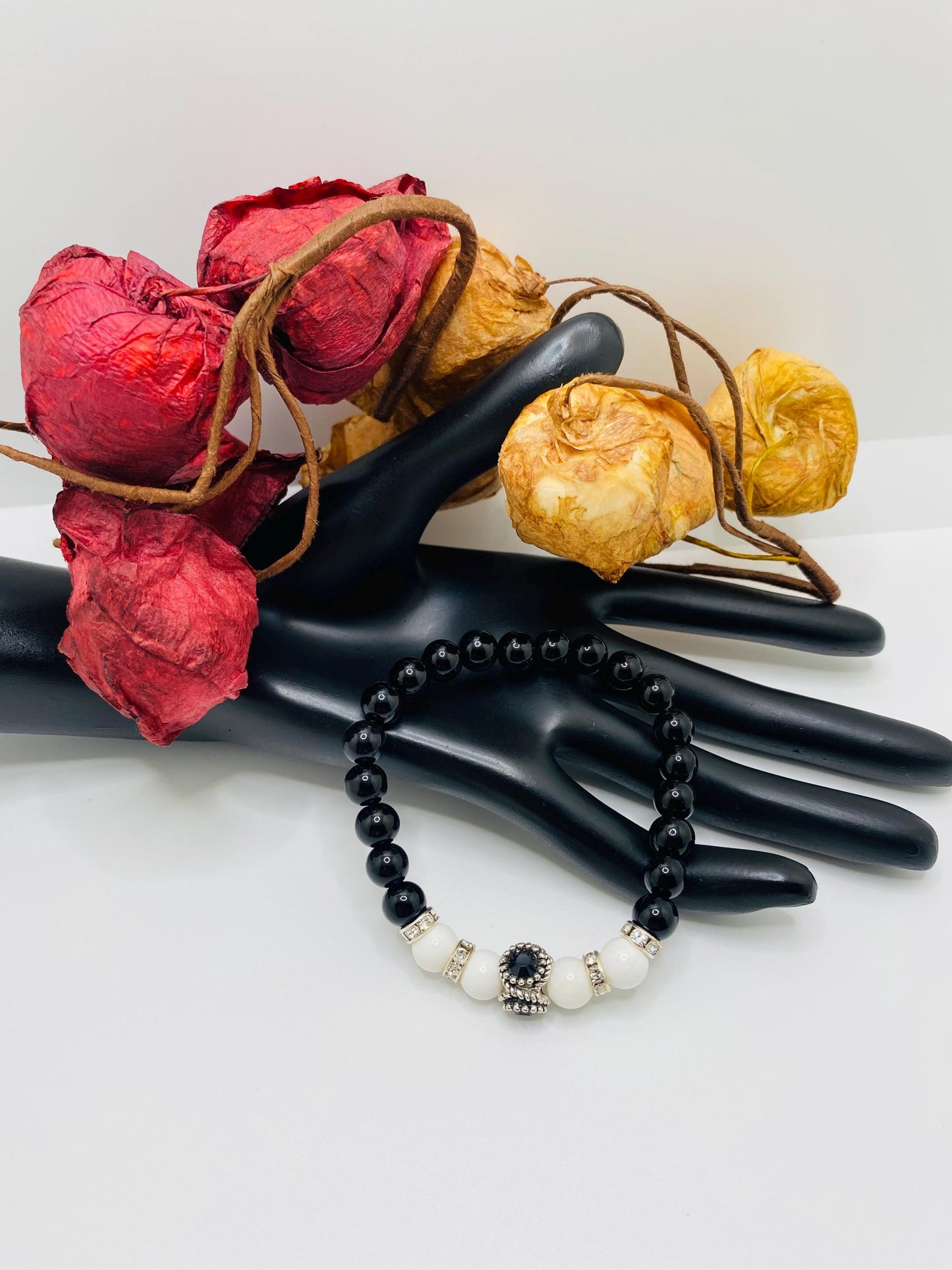 Black Onyx & White Agate Beaded Charm Bracelet - Rhinestone Accent