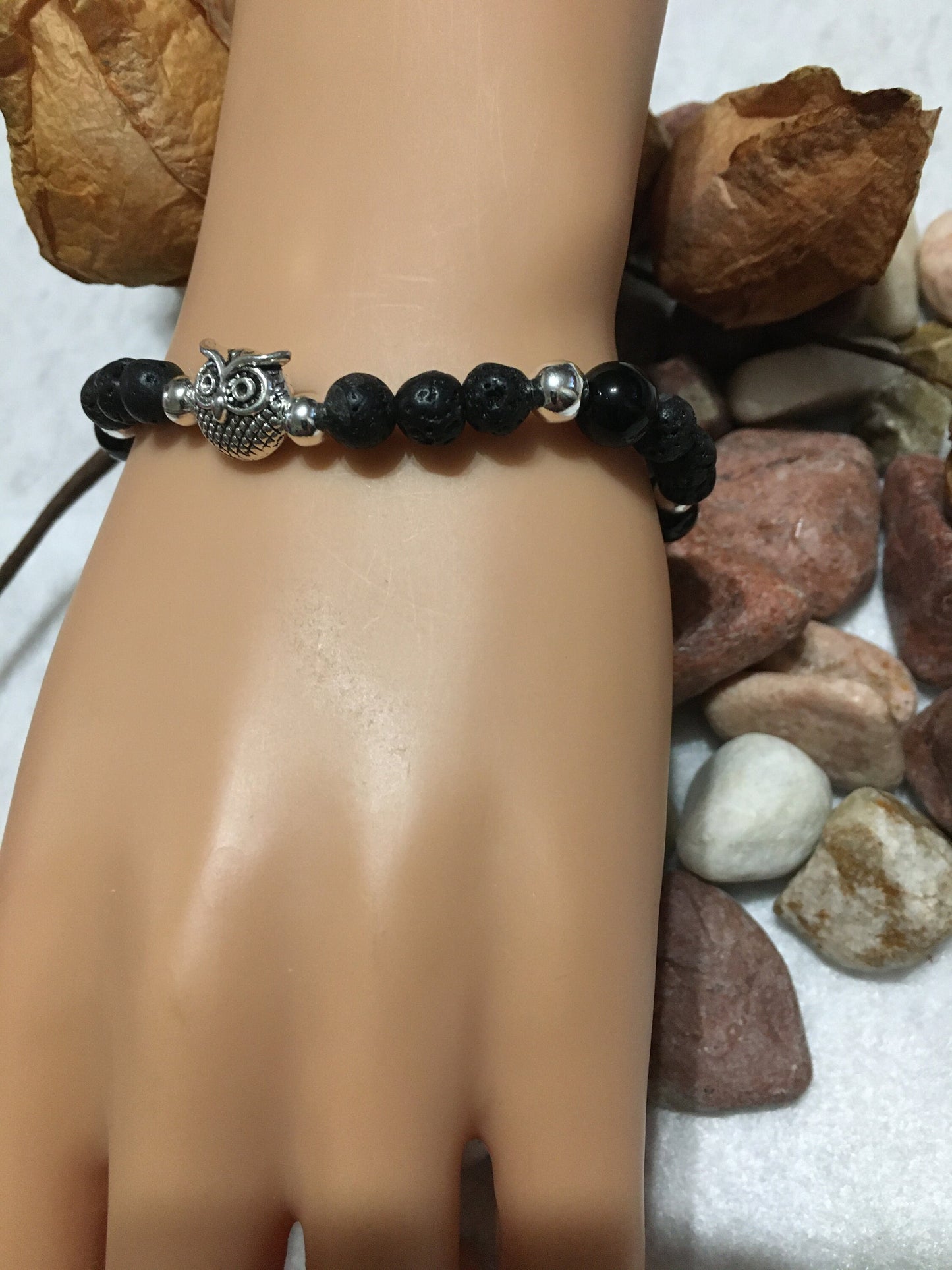 Night Owl Bracelet: Black Onyx & Lava Rock Gemstone Beads, Silver Owl Charm