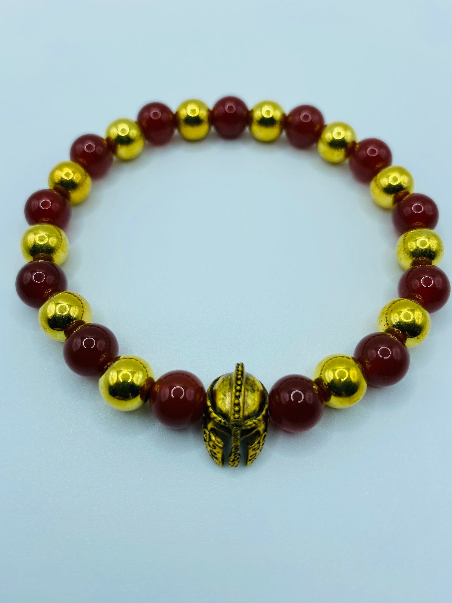 USC Trojans Bracelet: Red Carnelian & Gold Spartan Helmet Beaded Bracelet