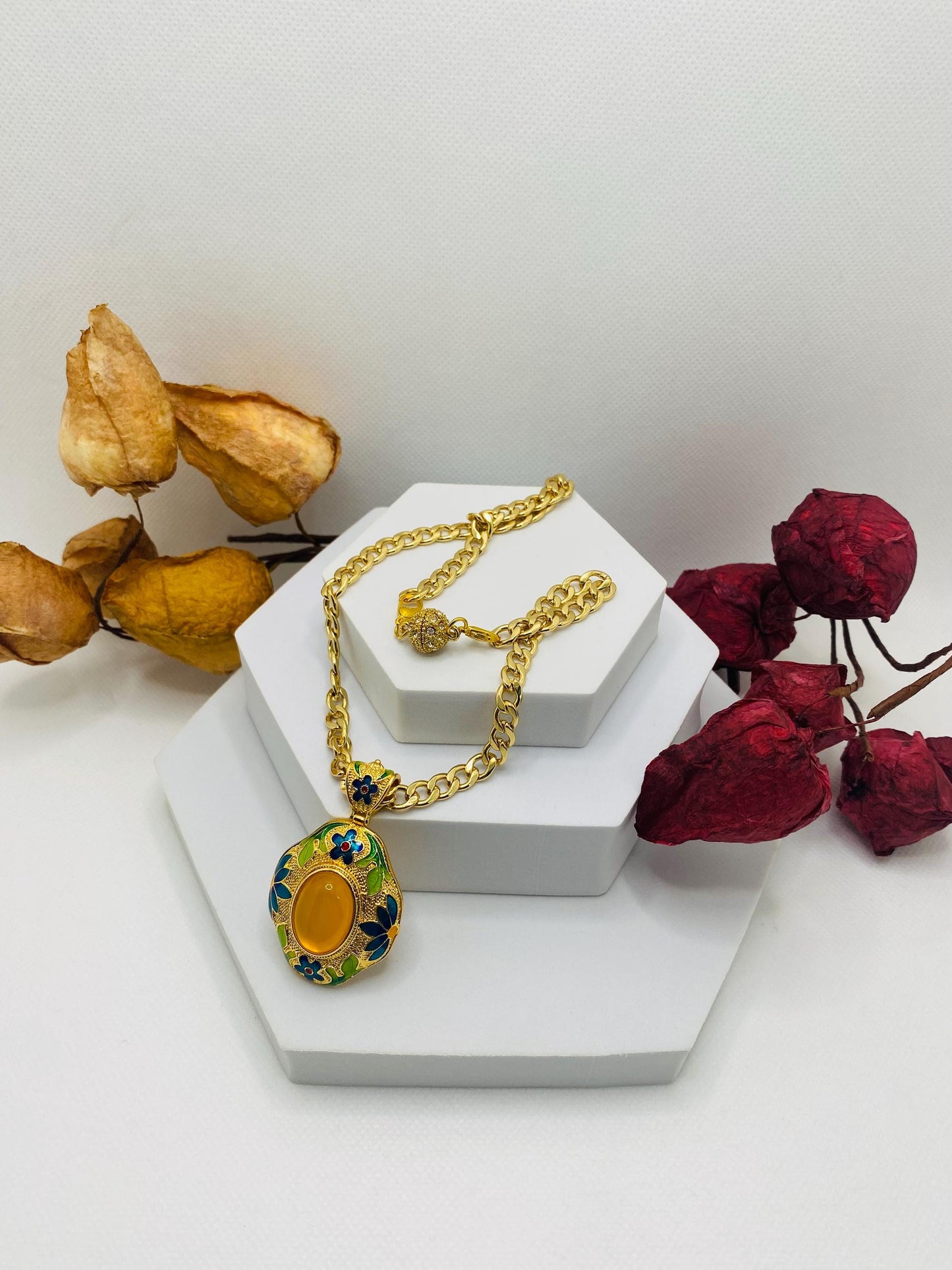 Boho Yellow Agate Pendant Necklace: Gold Plated Cuban Chain