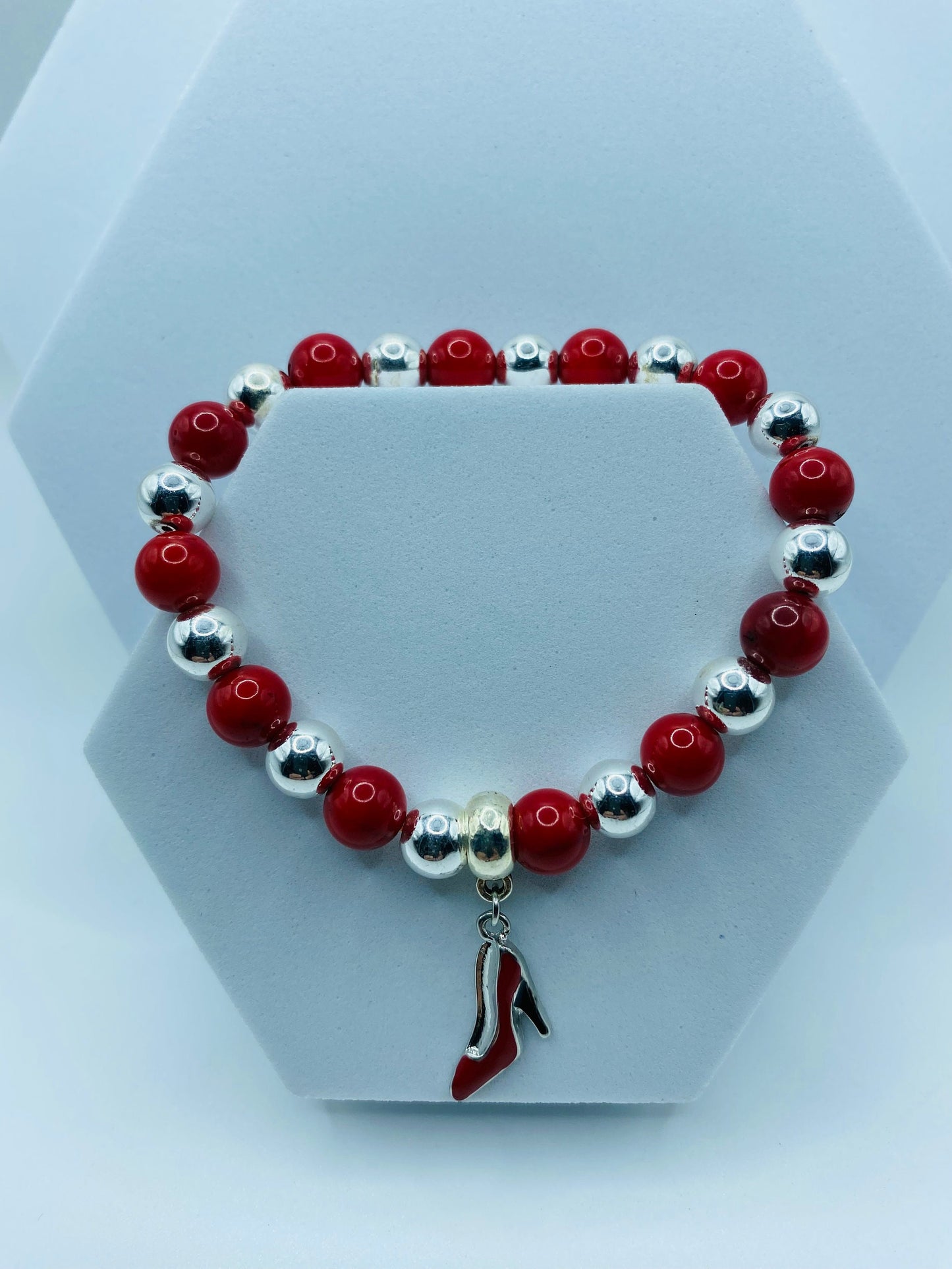 Red Coral Shoe Charm Bracelet: Silver Hematite Gemstone Beads