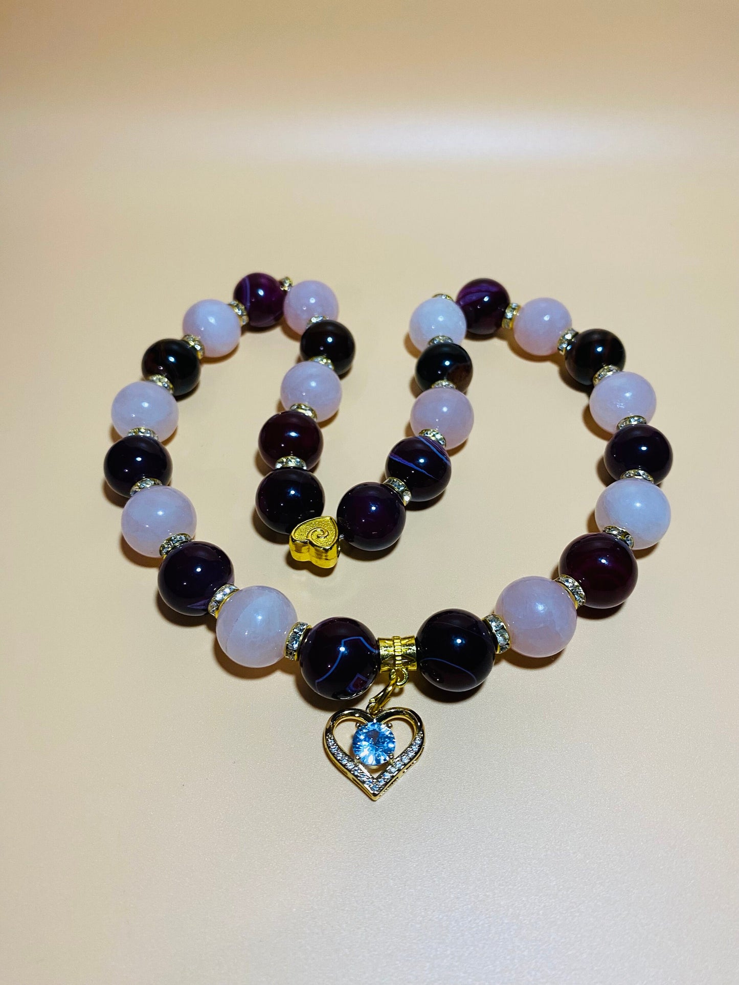 Handmade Rose Quartz Agate Beaded Necklace with Gold Heart Charm