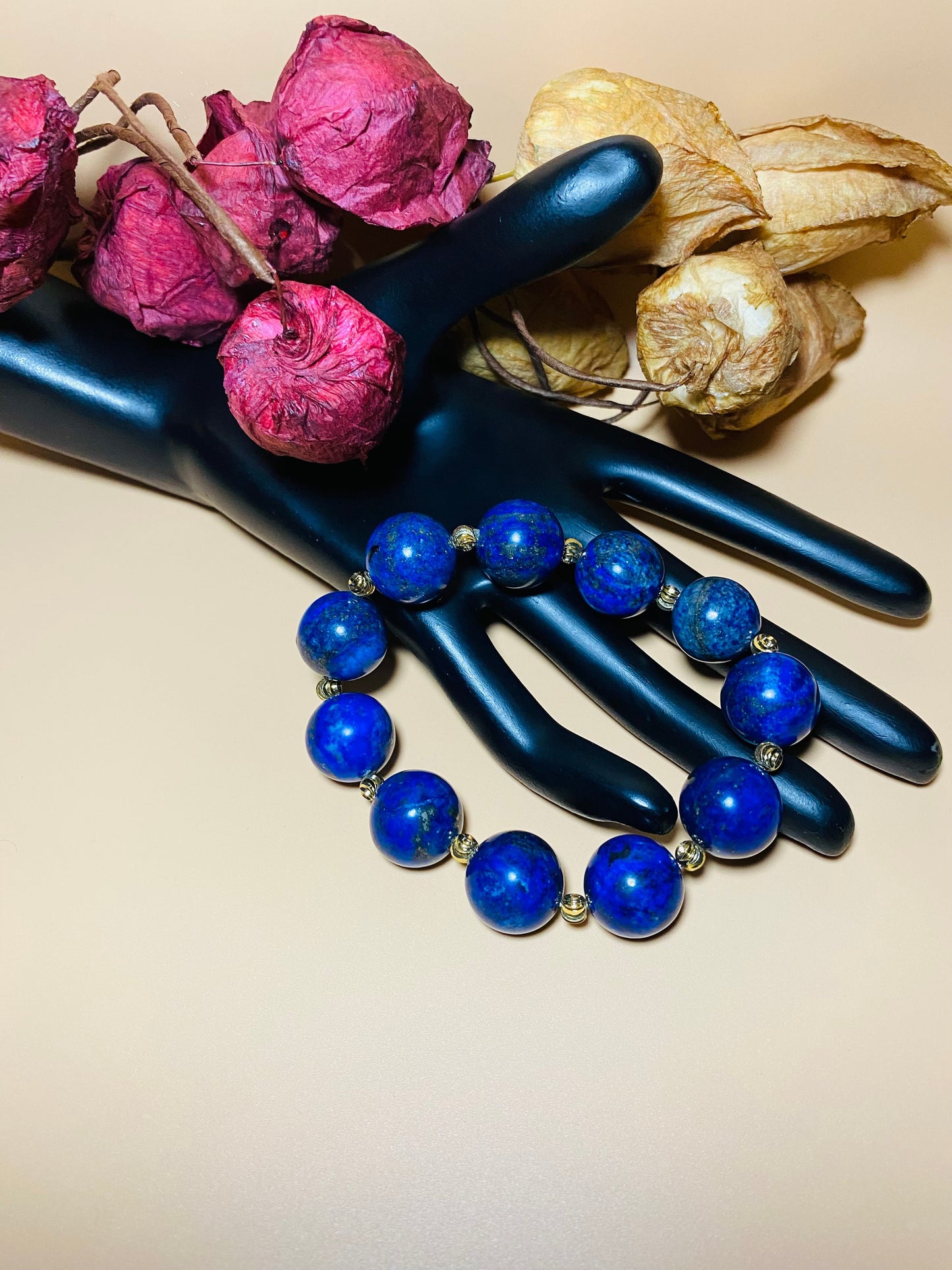 16mm Lapis Lazuli Bracelet with Gold Spacers