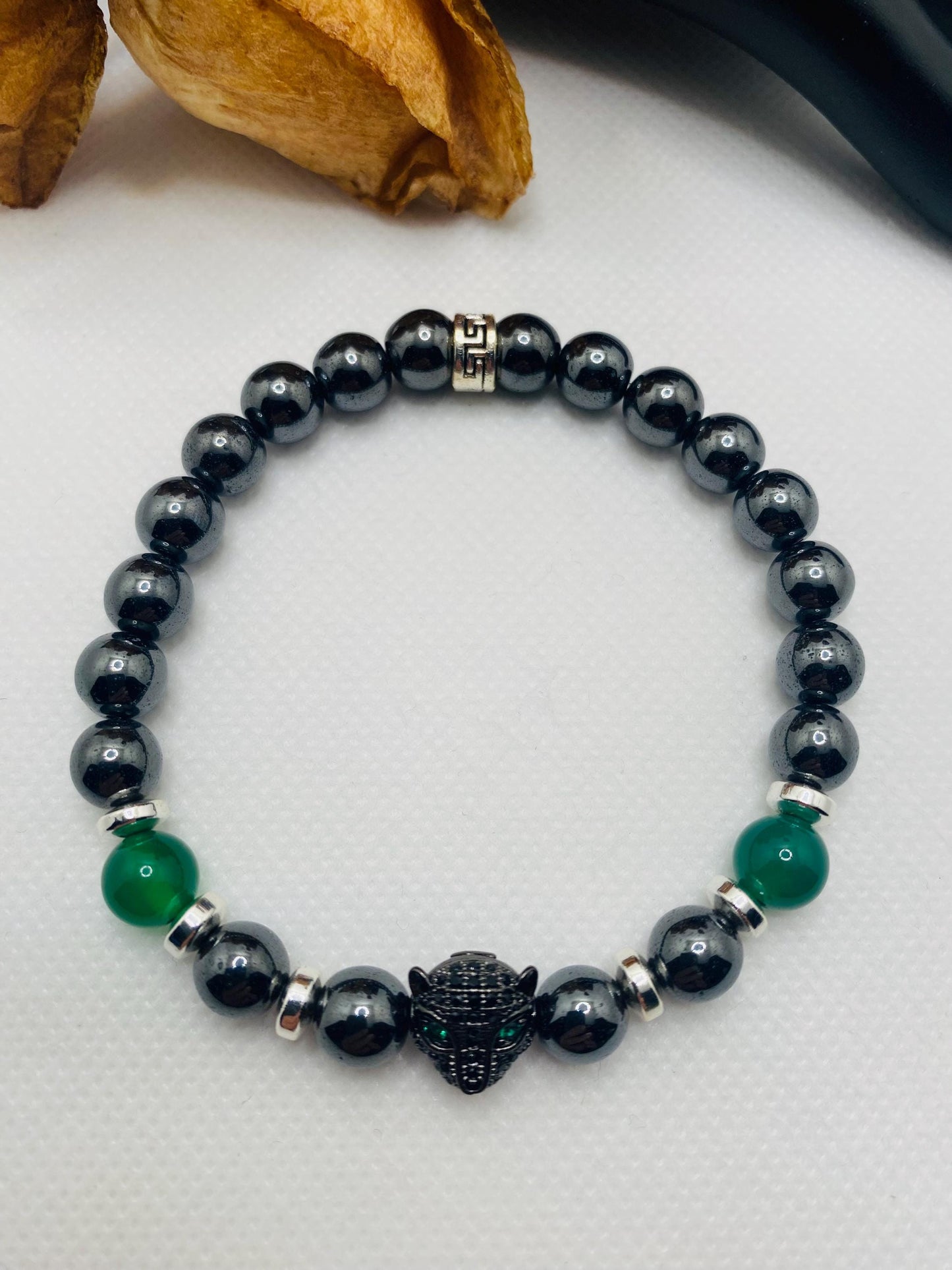 Black Panther Hematite Bracelet: Green Jade Gemstone Beads, Handmade