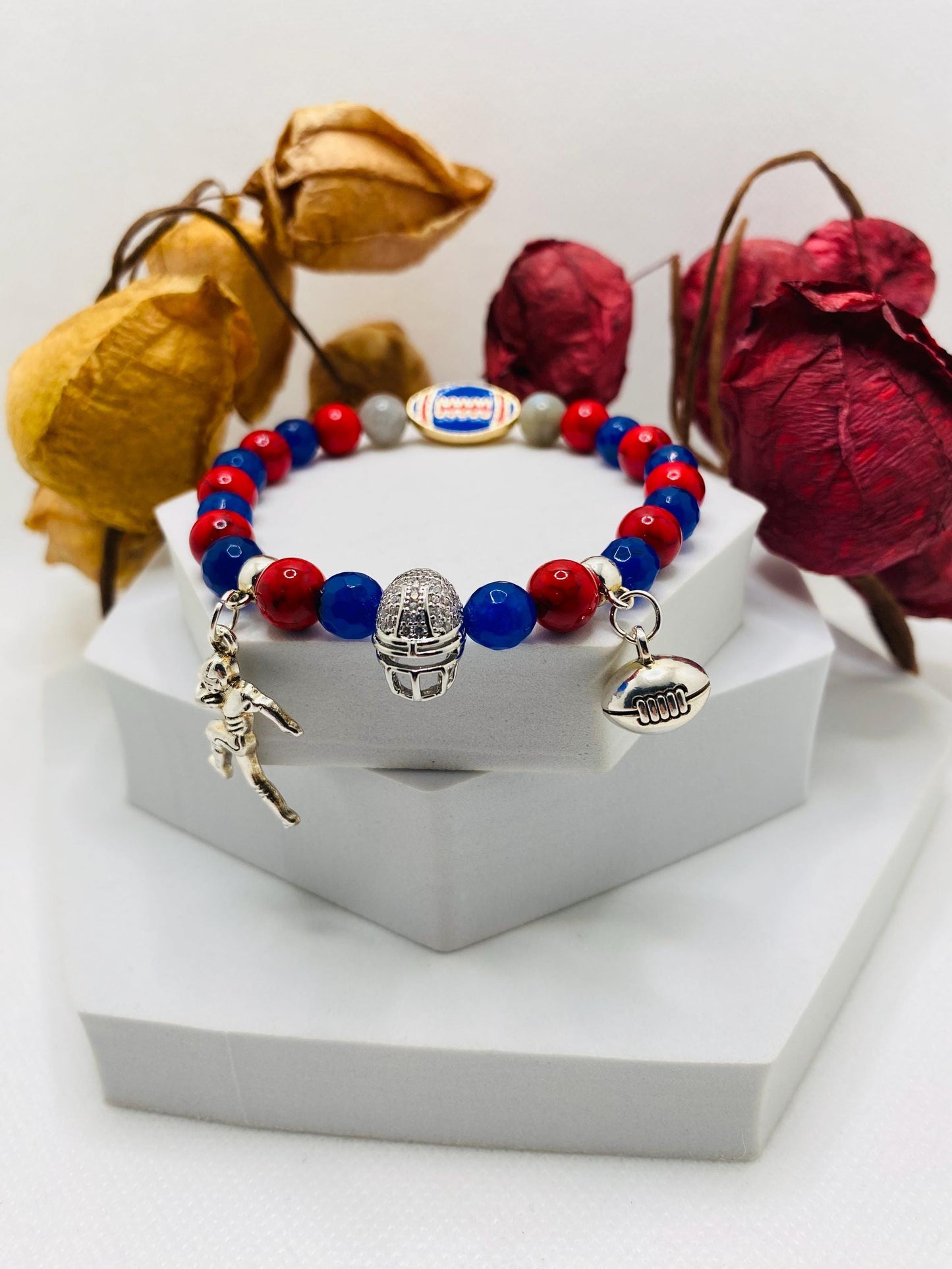 New York Giants Gemstone Charm Bracelet: Football Fan Gift