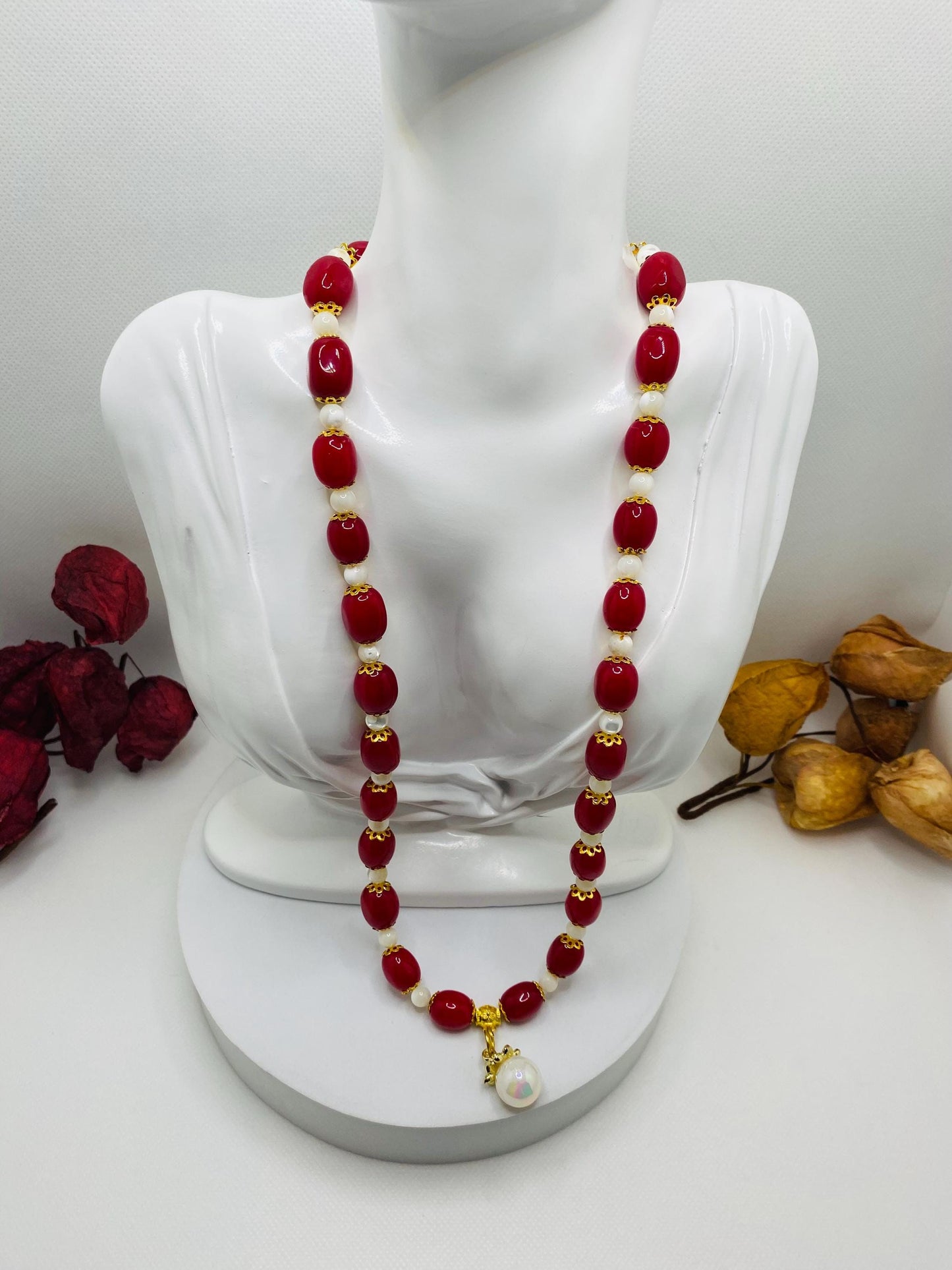 Handmade Red Jade Necklace: Mother of Pearl, Faux Pearl Pendant