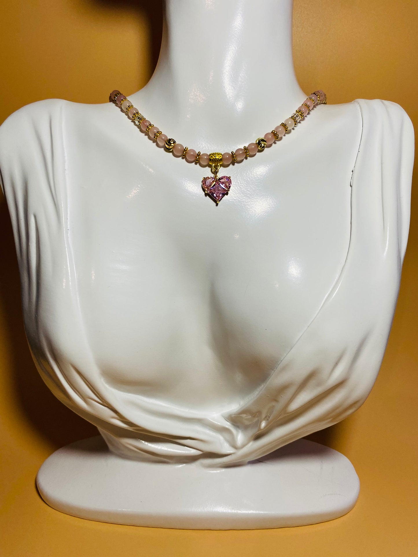 Pink Crystal Heart Pendant Necklace: Rose Quartz & Glass Beads