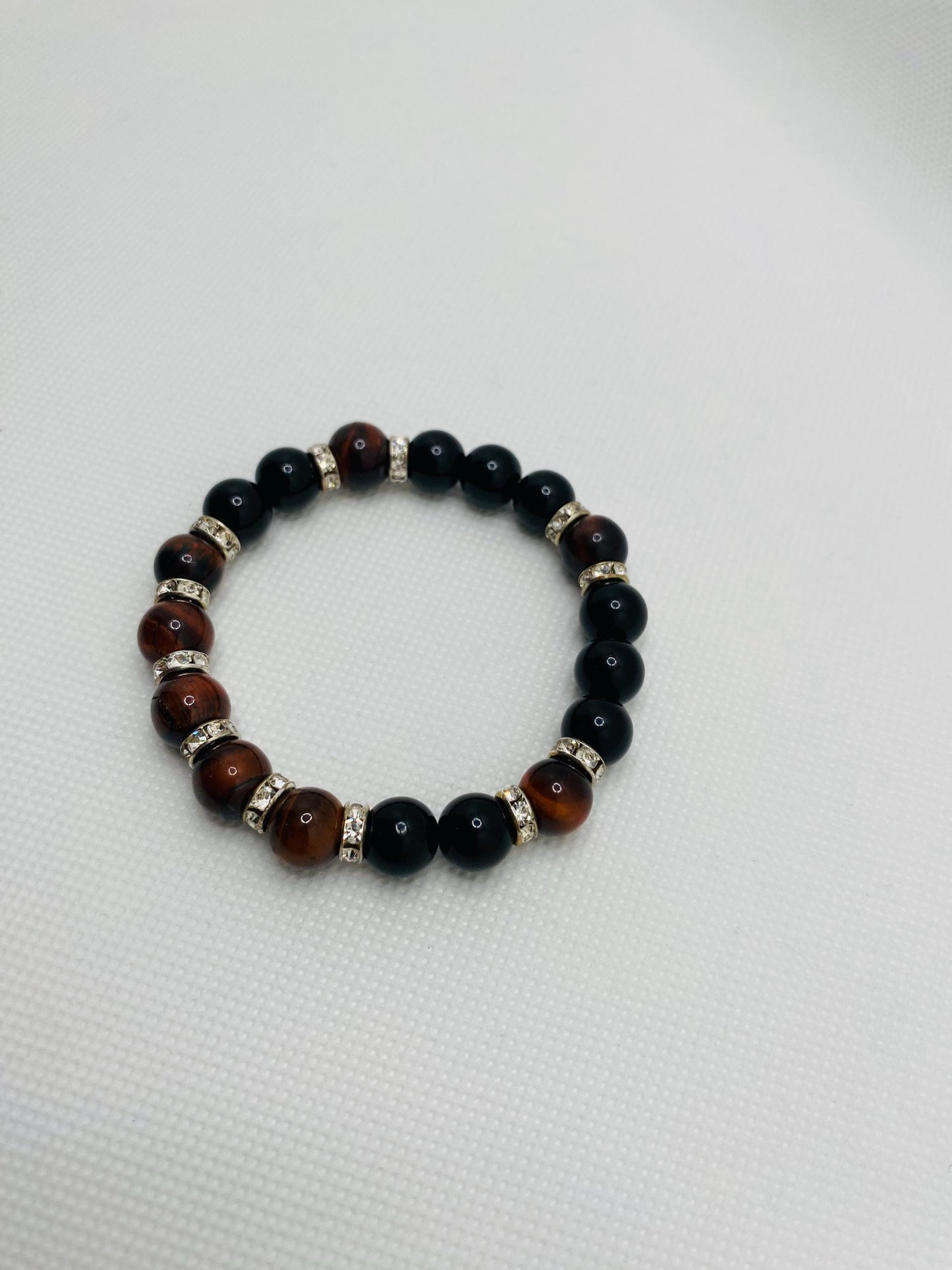 Mens Black Onyx & Red Tiger's Eye Beaded Bracelet: Handmade Gemstone Jewelry