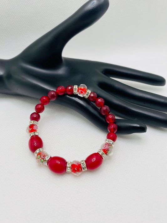 Red Jade Bracelet: Lampwork Glass & Agate Gemstone Beads