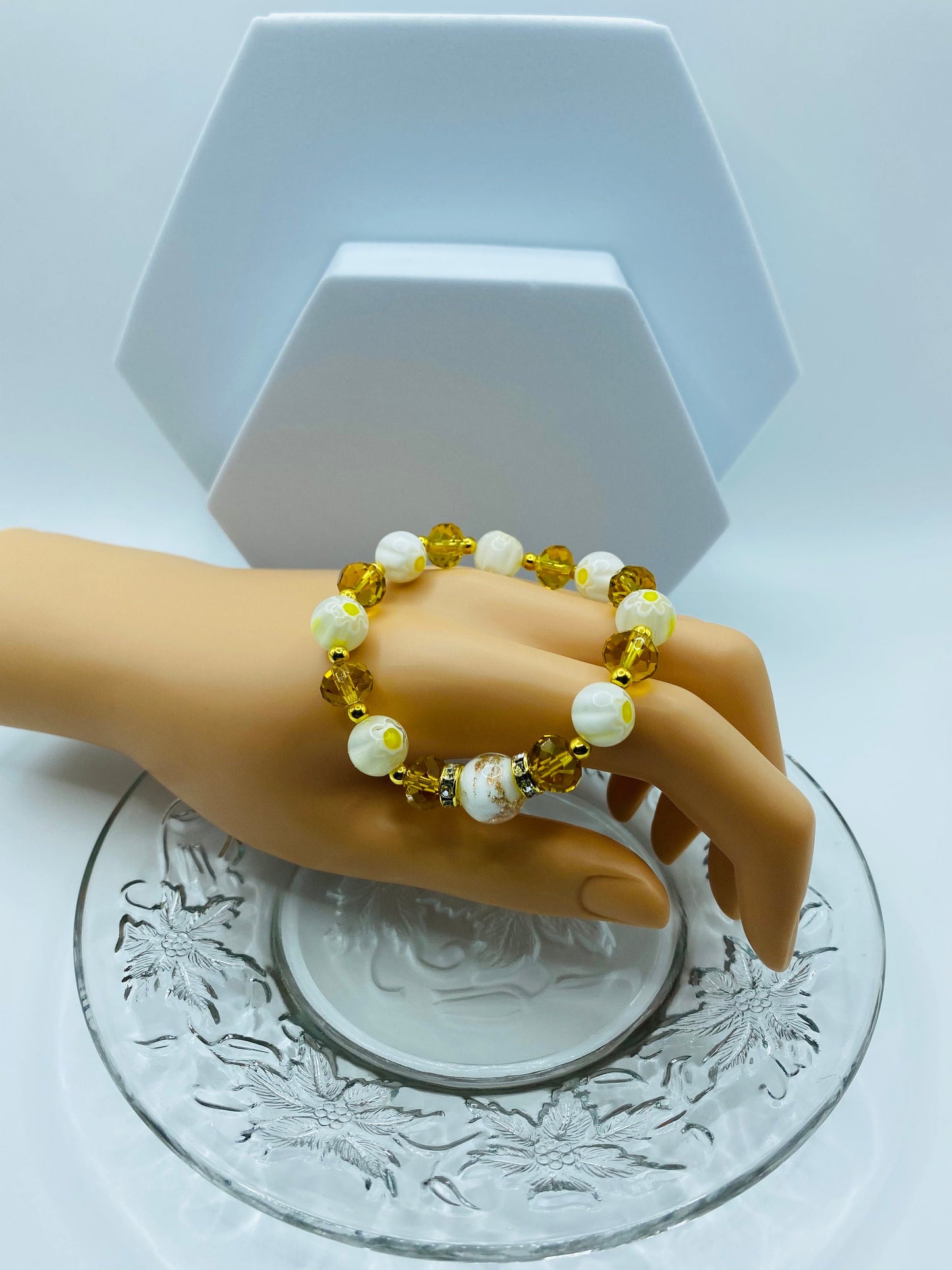 Lampwork Glass Bead Bracelet: Crystal & 18k Gold Hematite