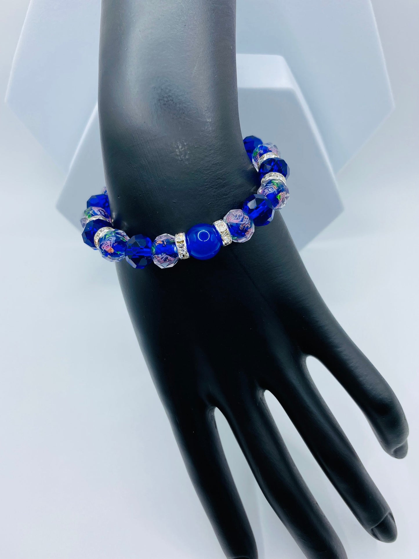 Blue Chalcedony Bracelet: Lampwork Floral Glass Beads, Rhinestone Accents