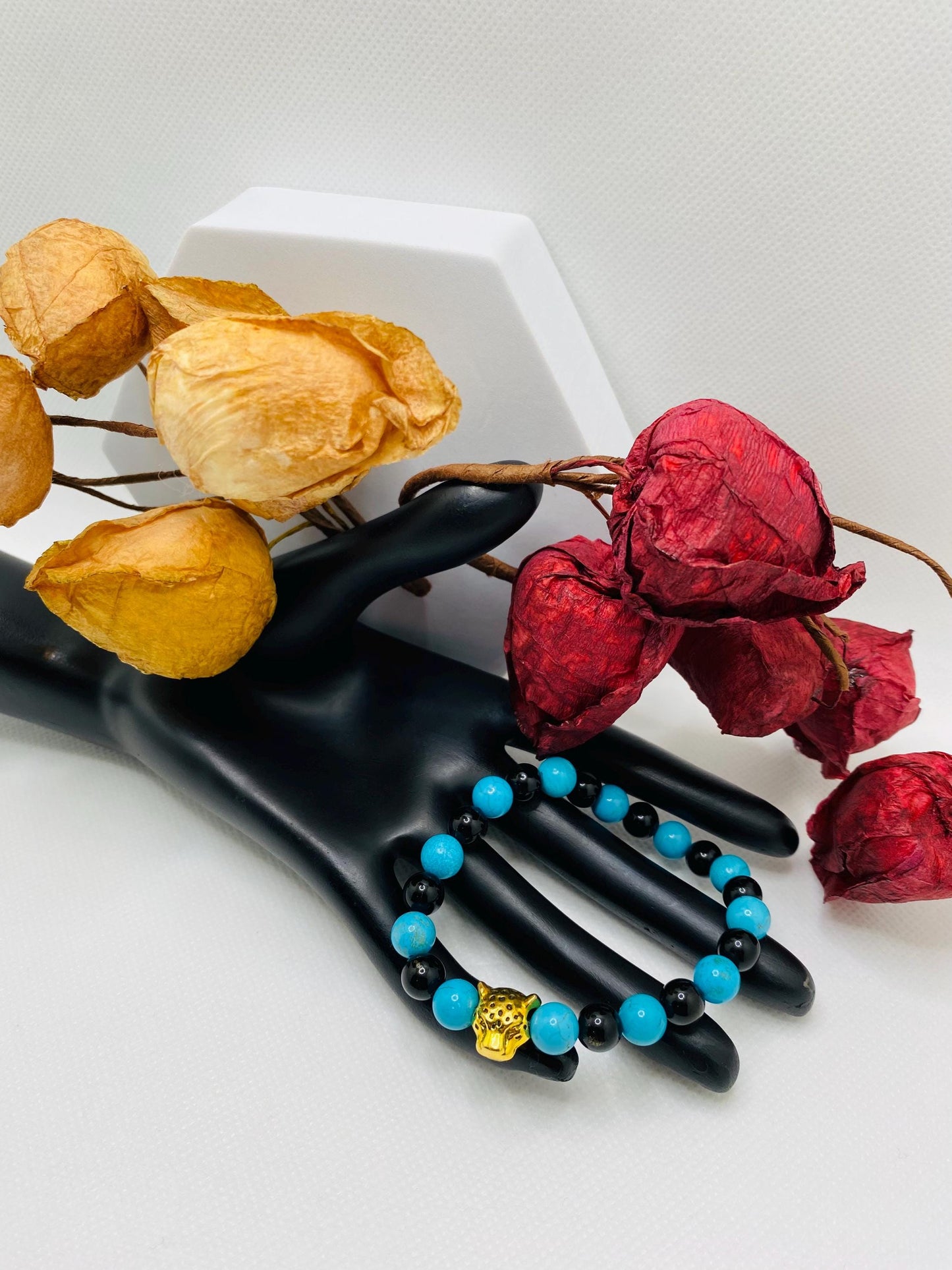 Jacksonville Jaguars Bracelet: Jade & Onyx Gemstone Beads with Gold Jaguar Charm