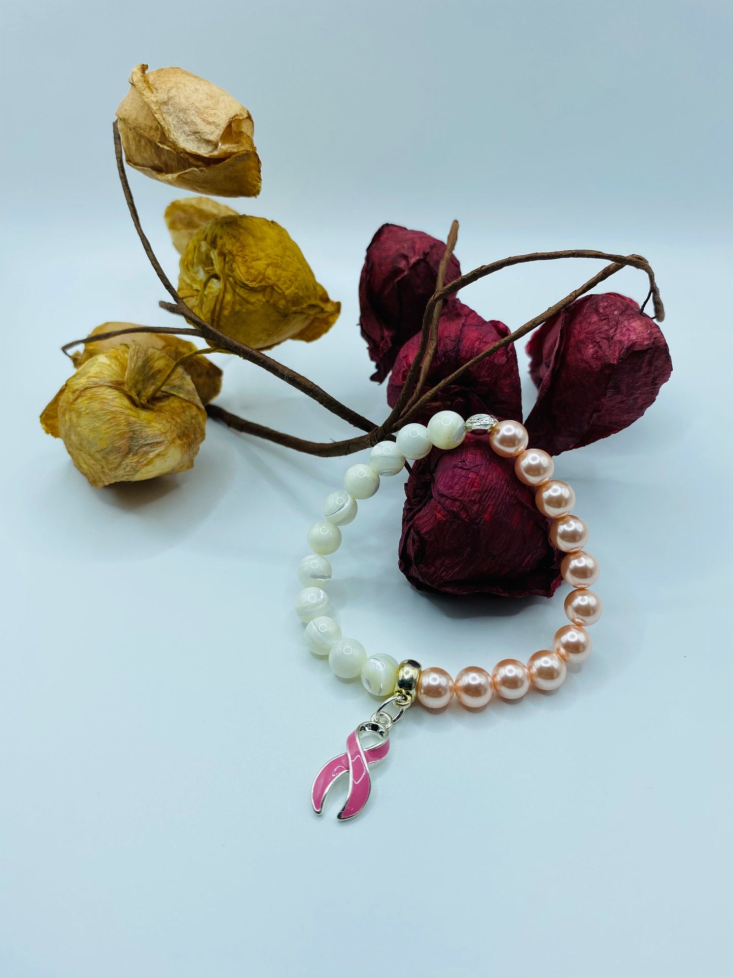 Mother of Pearl Breast Cancer Awareness Bracelet with Pink Ribbon Charm