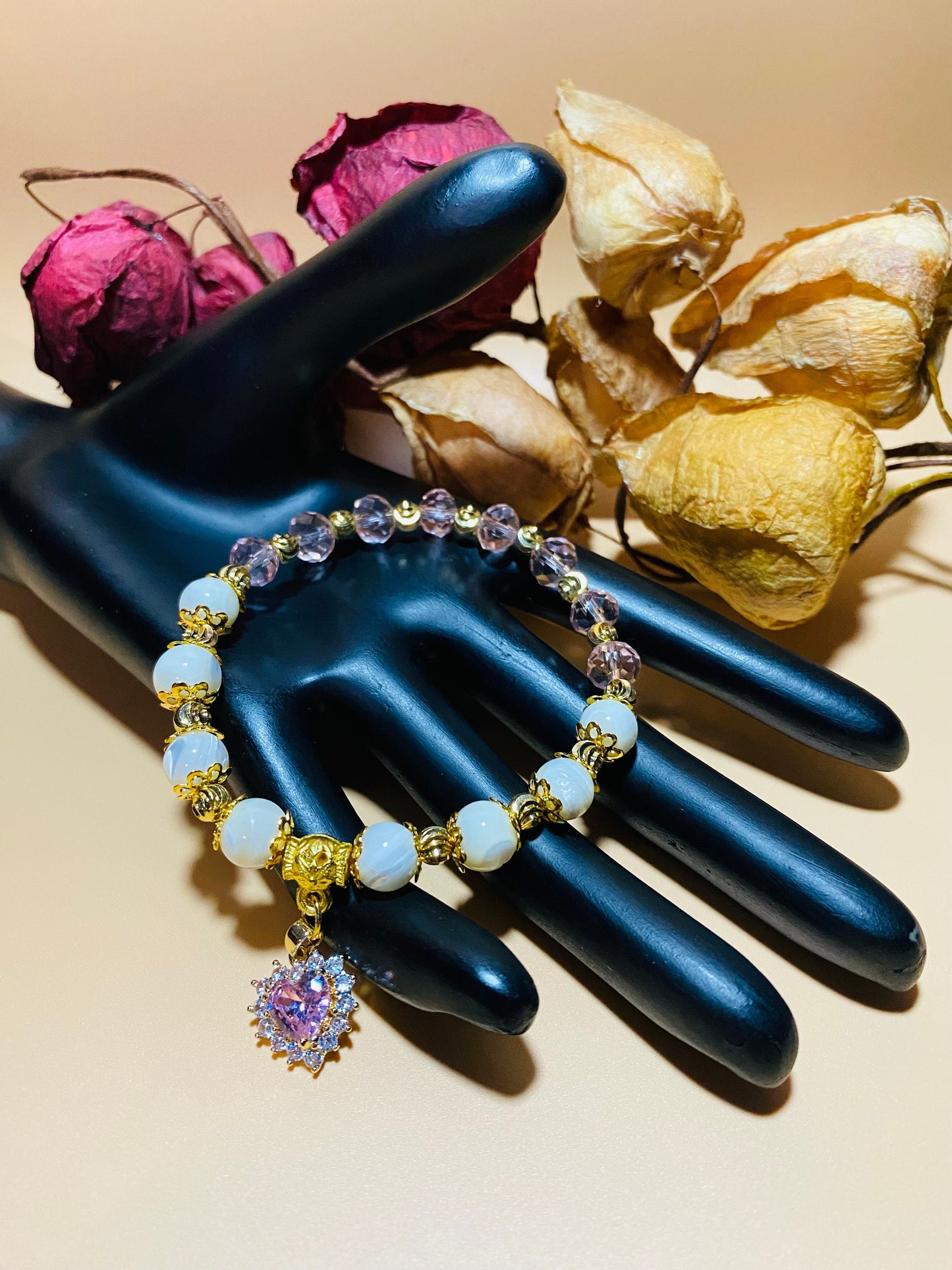 Mother of Pearl Bracelet: Pink Crystal Beads, Heart Charm, 18k Gold Accents