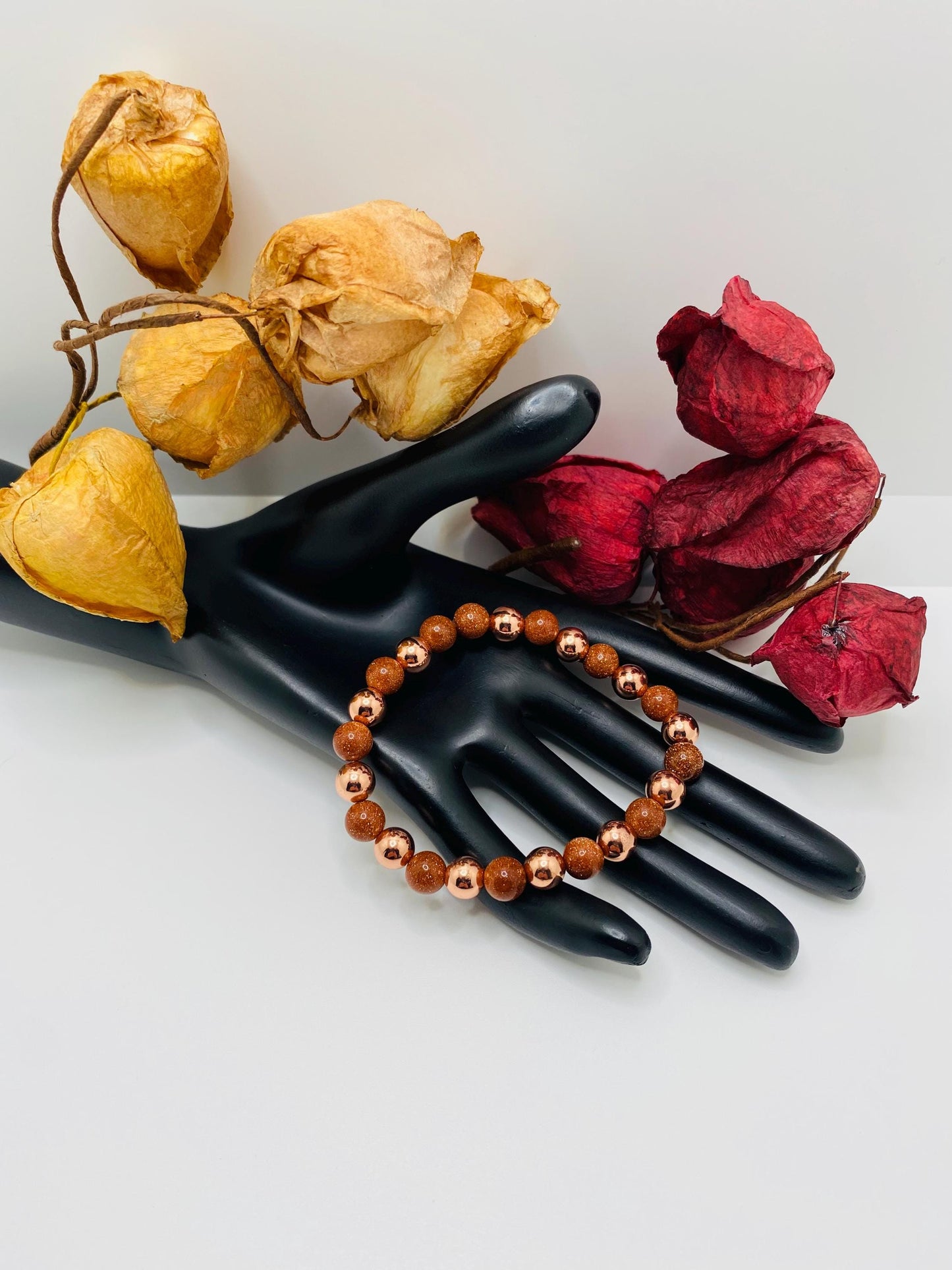 Rose Gold Hematite Bracelet: Natural Goldstone Gemstone Beads