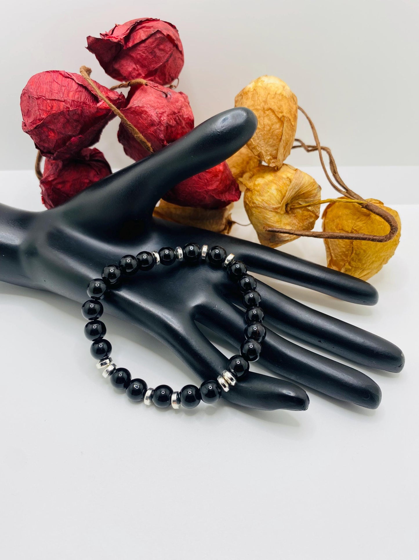 Black Onyx Beaded Bracelet for Men: Silver Plated Accents