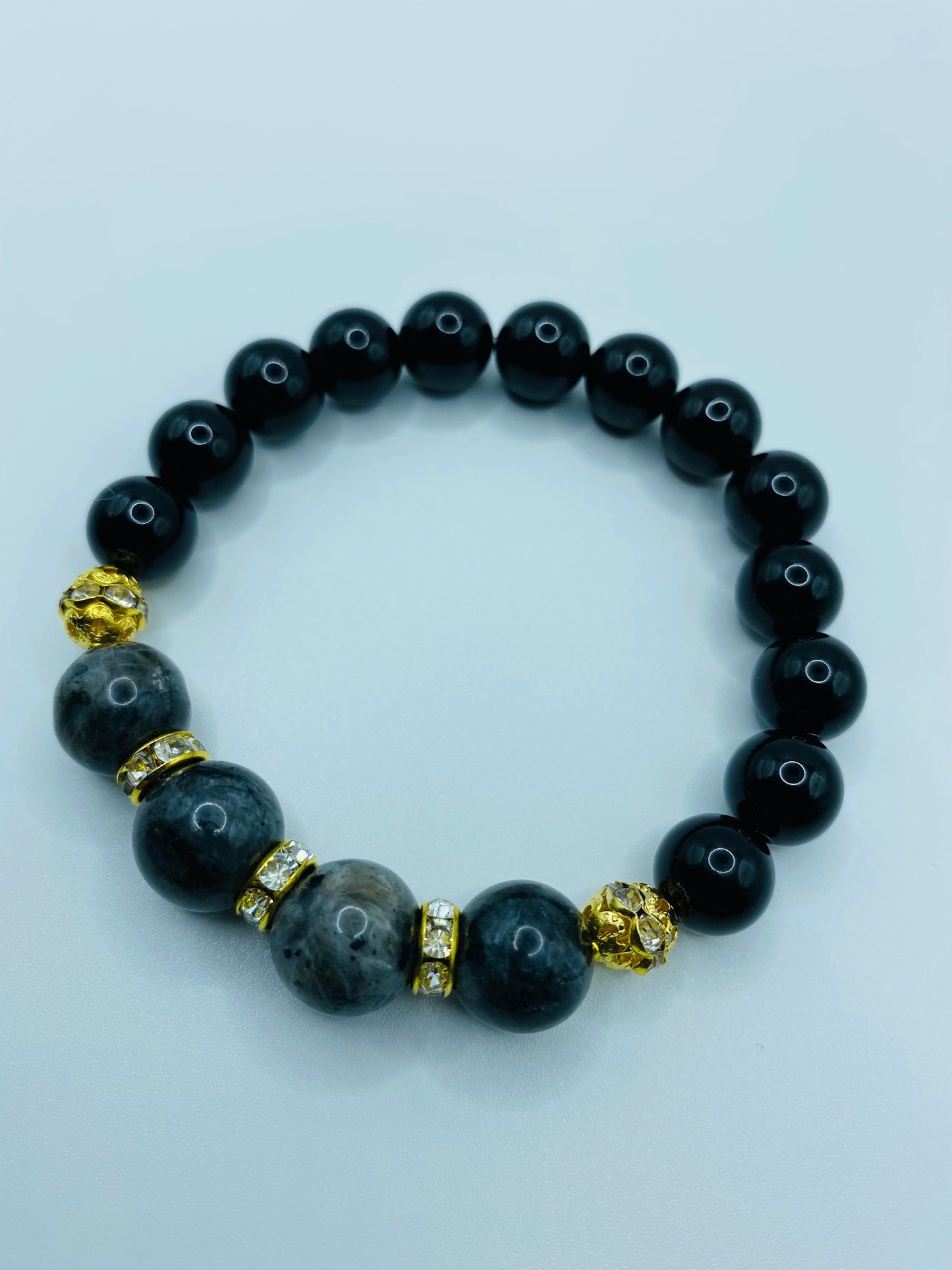 Labradorite & Black Onyx Beaded Bracelet: 18k Gold Rhinestone Rondelles