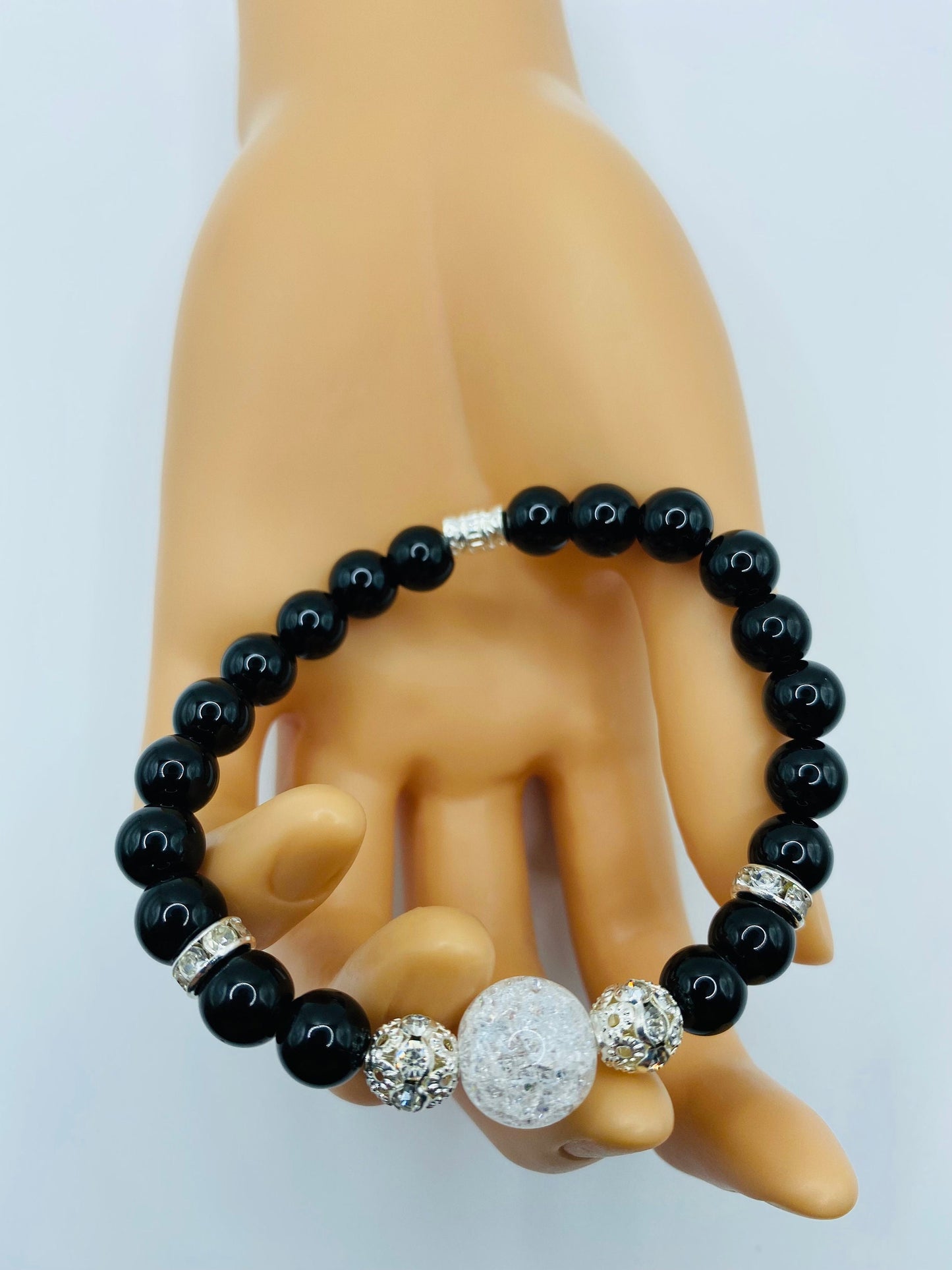 Handmade Black Onyx Bracelet: Crackle Quartz Crystal, Silver Accents