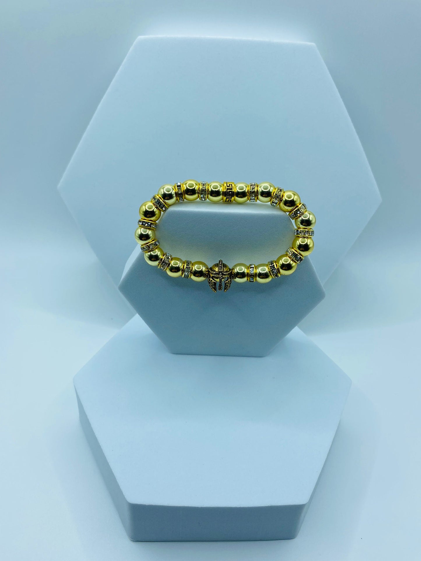 Mens Gold Hematite Bracelet: Spartan Helmet Charm, Rhinestone Rondelle Accents