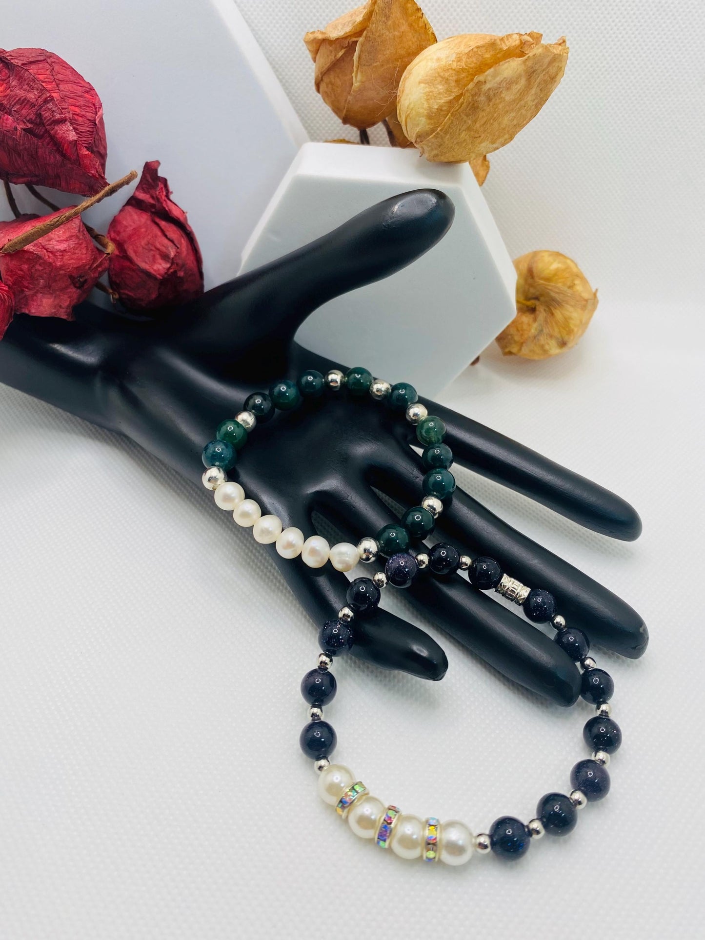 Handmade Pearl Bracelet Set: Moss Agate & Blue Sandstone Beads