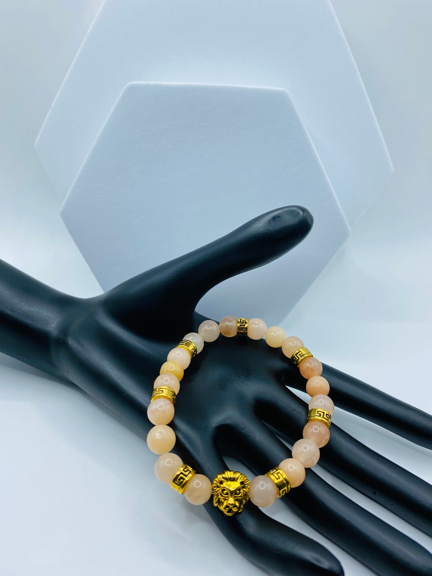 Pink Jade Lion Bracelet: Gold Tibetan Charm Bracelet