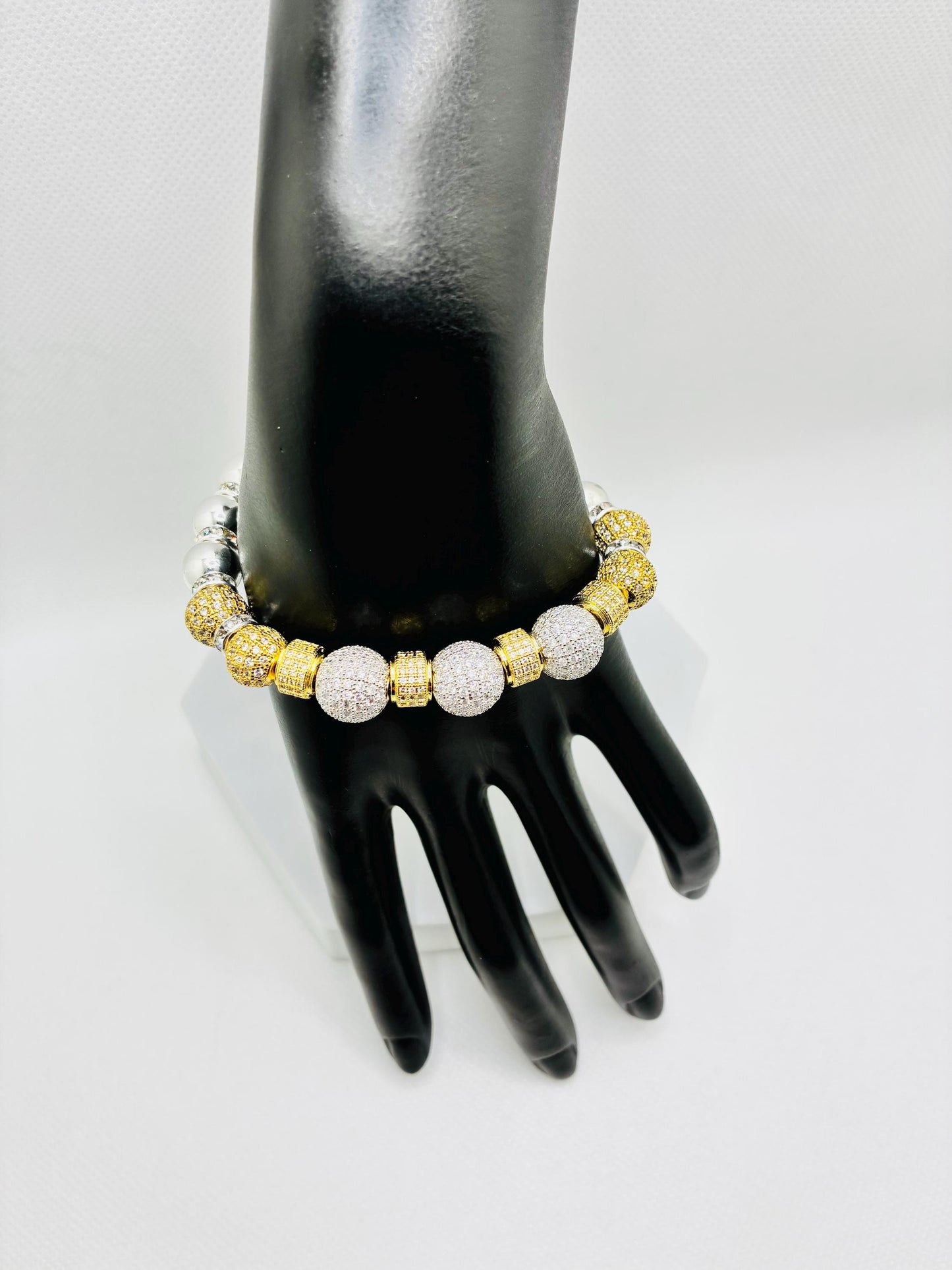 Silver Plated Hematite Bracelet with Gold-Plated and Silverplated Cubic Zirconia Beads