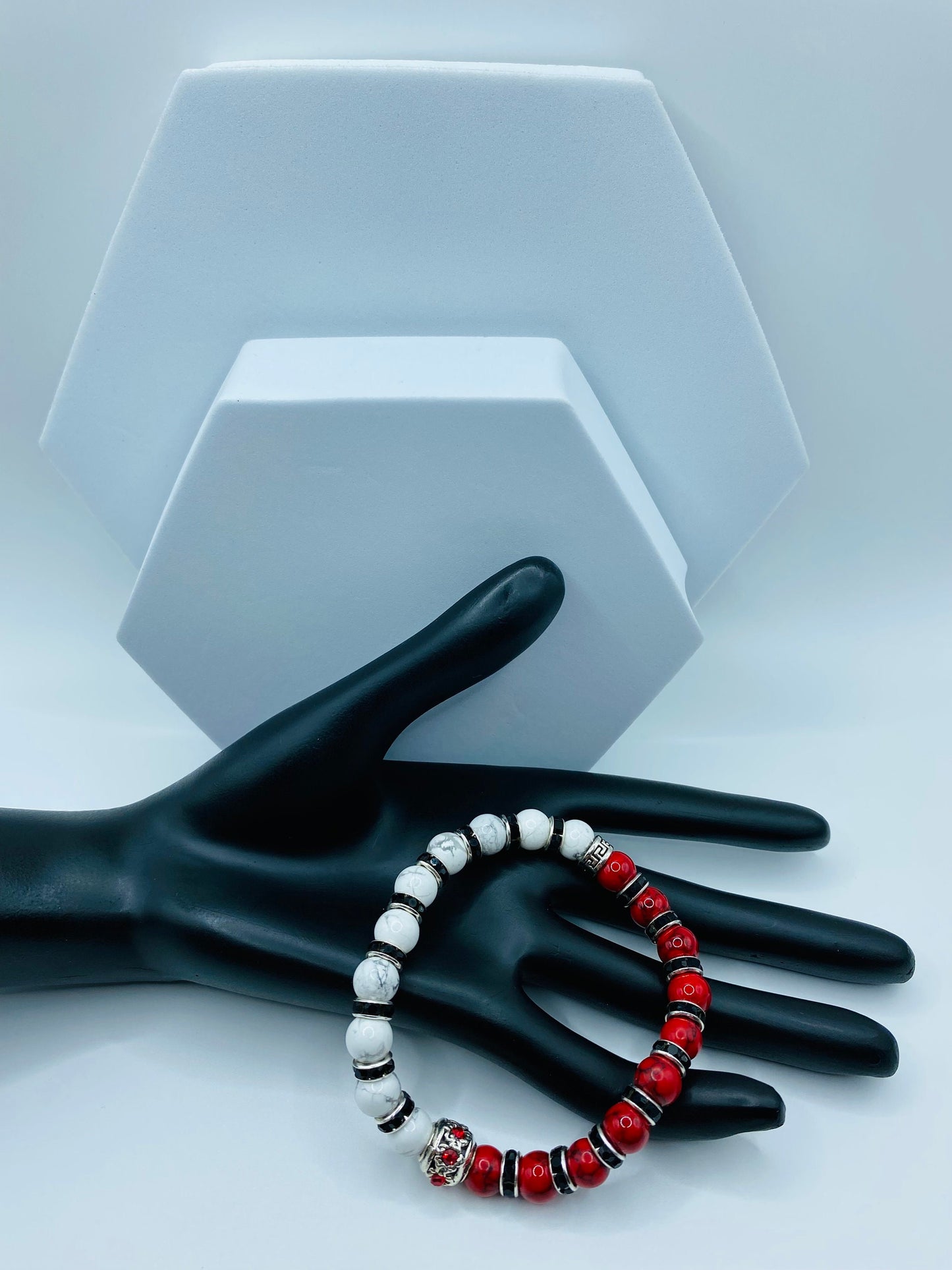 Red Turquoise & Howlite Beaded Bracelet: Silver Rhinestone Charm