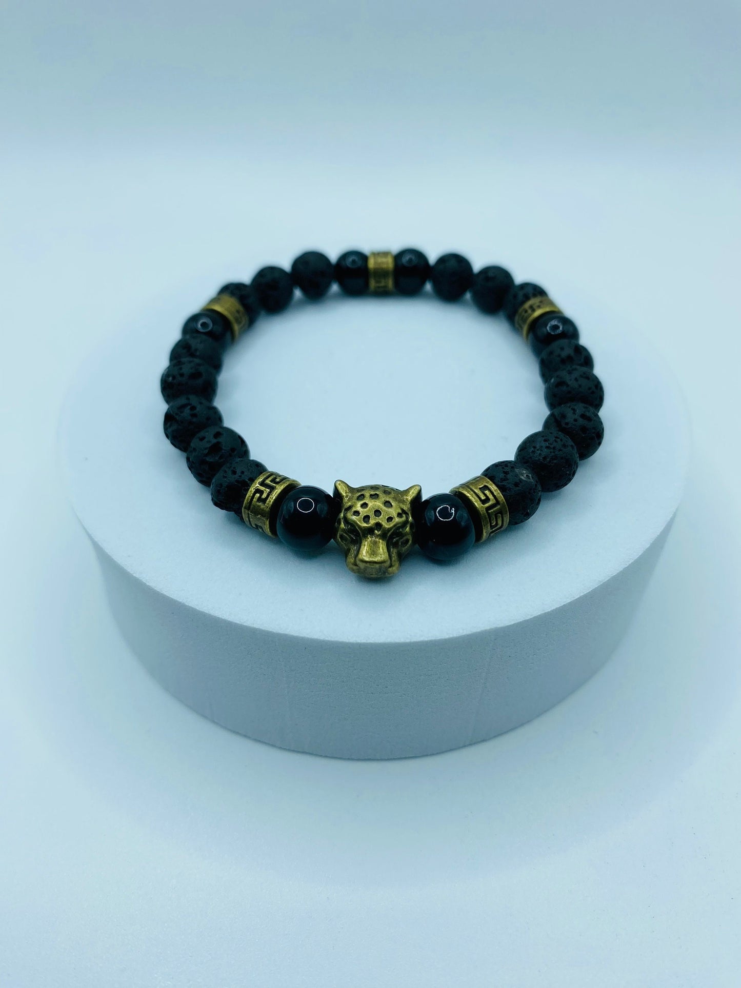 Black Onyx Lava Rock Bracelet with Bronze Leopard Charm