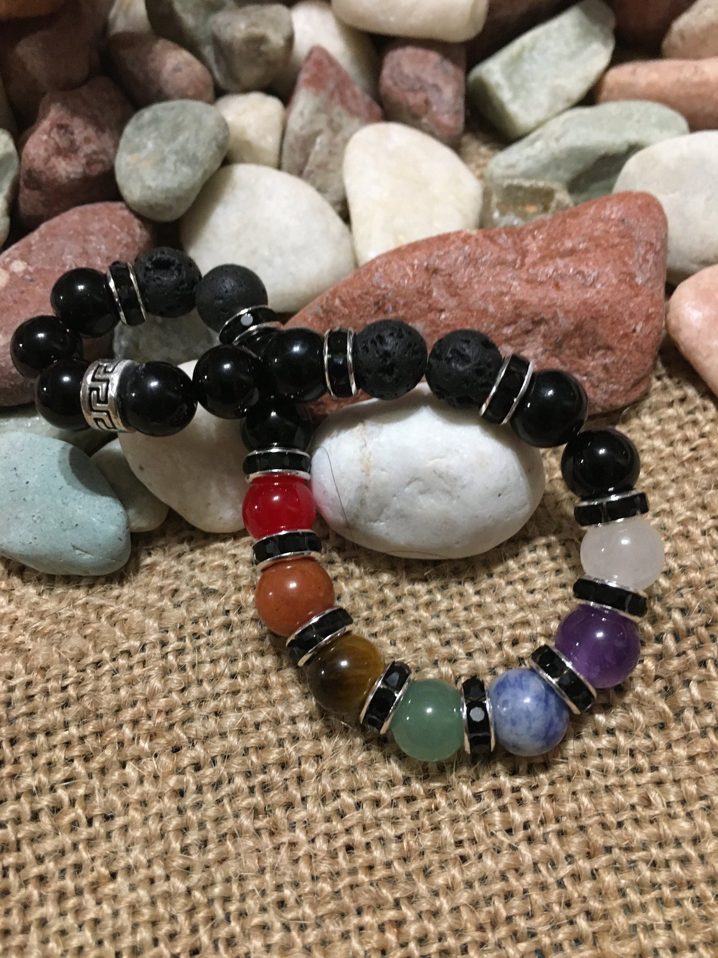 Chakra Bracelet Set: Onyx, Lava Rock, and Gemstone Healing Beads