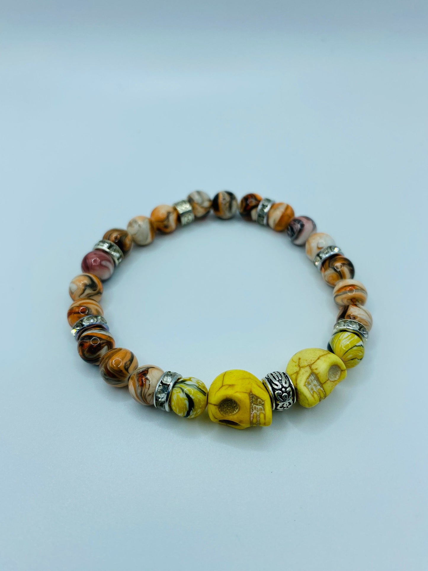Dia de Los Muertos Skull Bracelet: Turquoise Skull Beads, Rhinestone Spacers